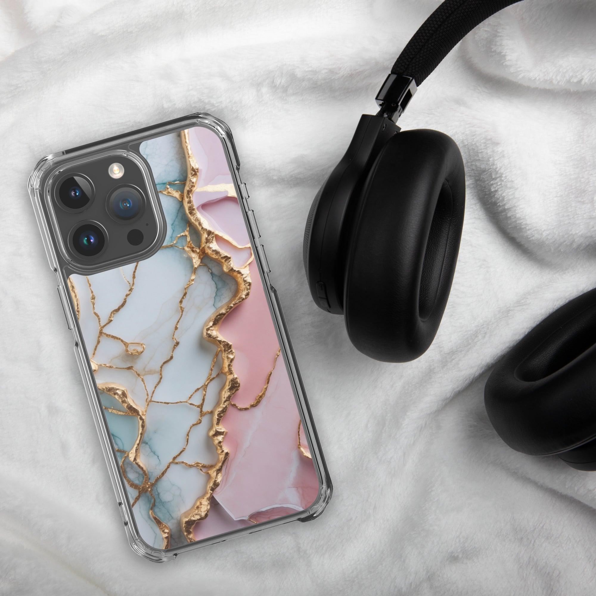 Pastel Golden Marble Fusion Clear Case for iPhone 15 Pro Max - Luxury Pink & Blue Marble Protective Cover