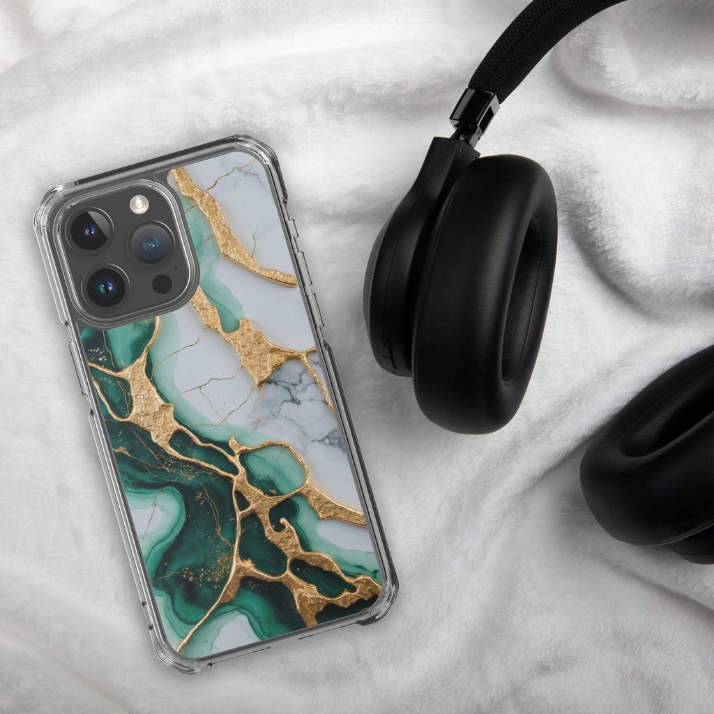 Emerald Golden Marble Flow Clear Case for iPhone 15 Pro Max - Luxury Green & Gold Marble Protective Cover