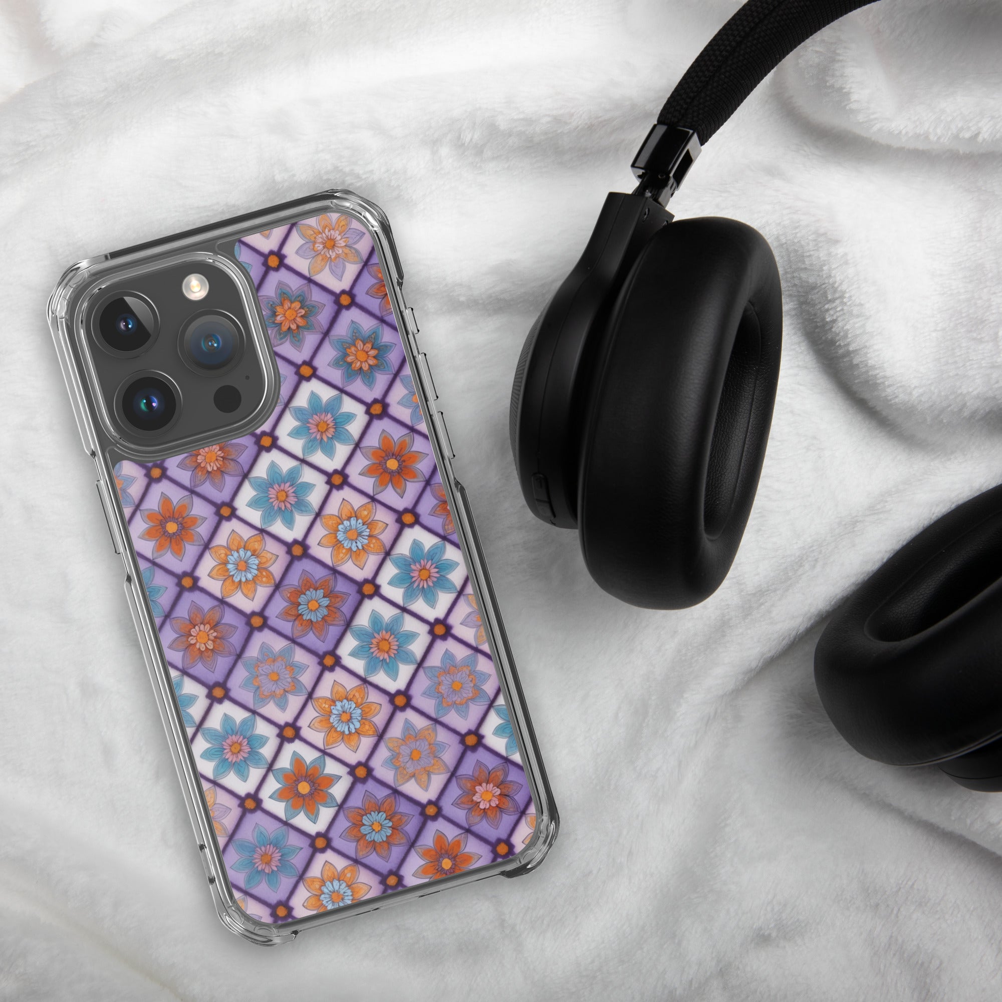 Violet Mosaic Blooms Clear Case for iPhone 15 Pro Max - Colorful Floral Pattern Protective Cover