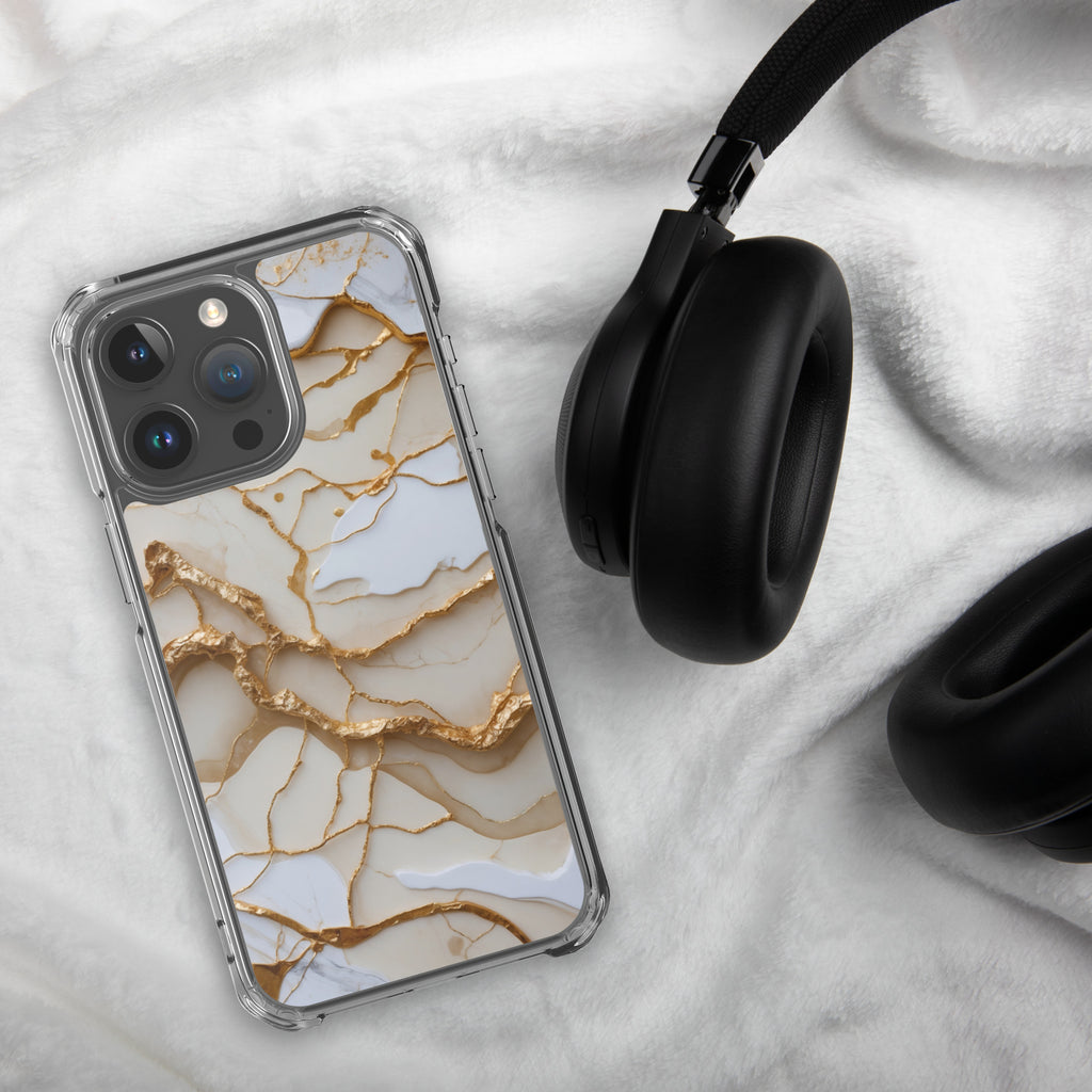 Ivory Golden Marble Elegance Clear Case for iPhone 15 Pro Max - Luxury White & Gold Marble Protective Cover