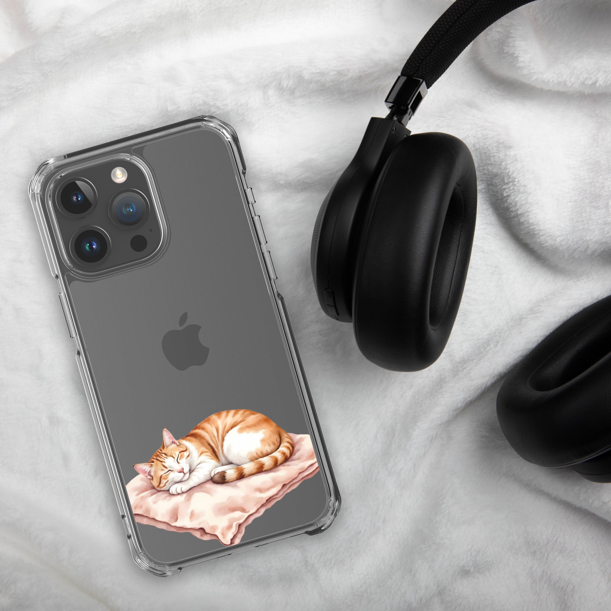Sleepy Cat on Pillow Clear Case for iPhone 15 Pro Max - Cute Cozy Kitty Illustration Protective Cover