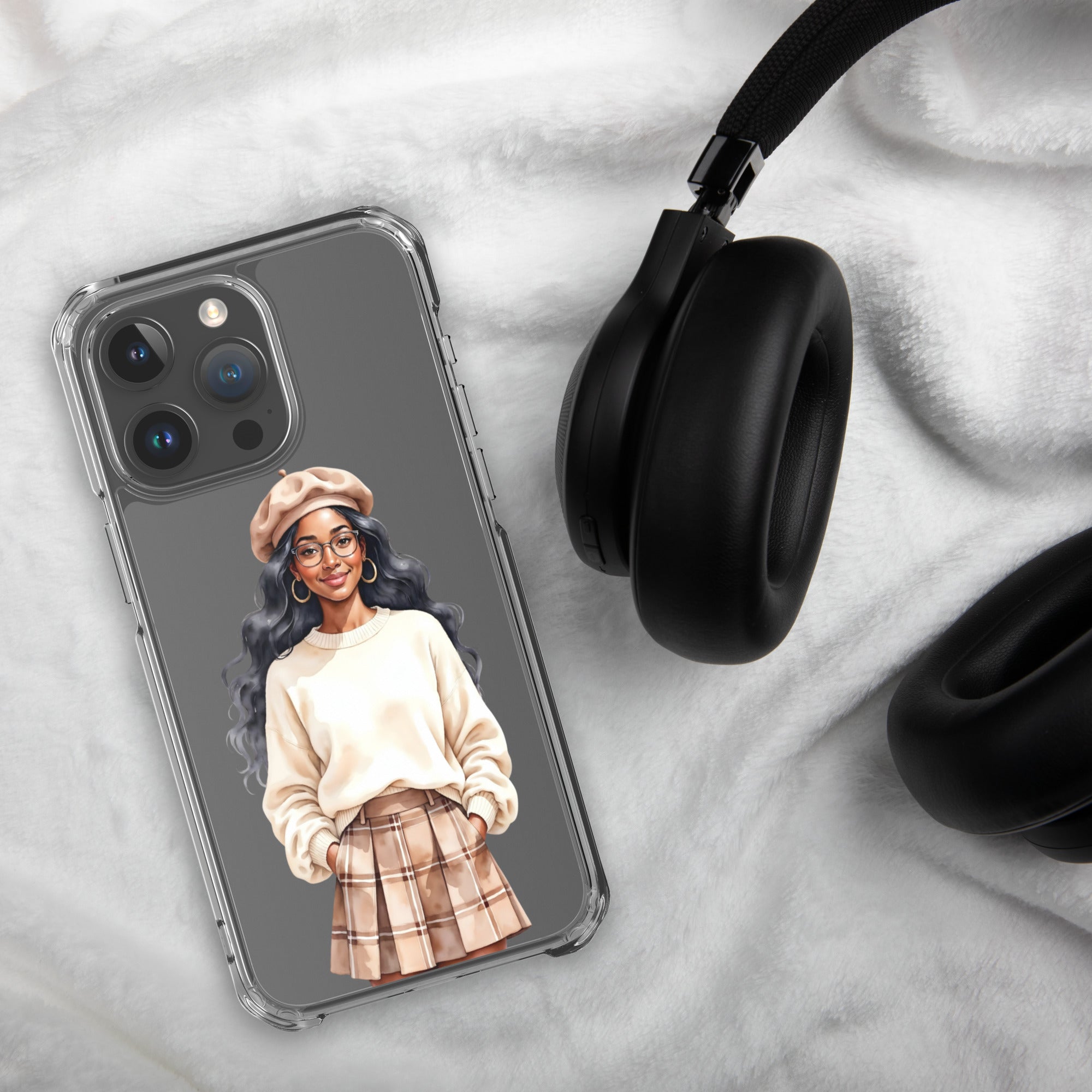 Cozy Plaid Autumn Girl Clear Case for iPhone 15 Pro Max