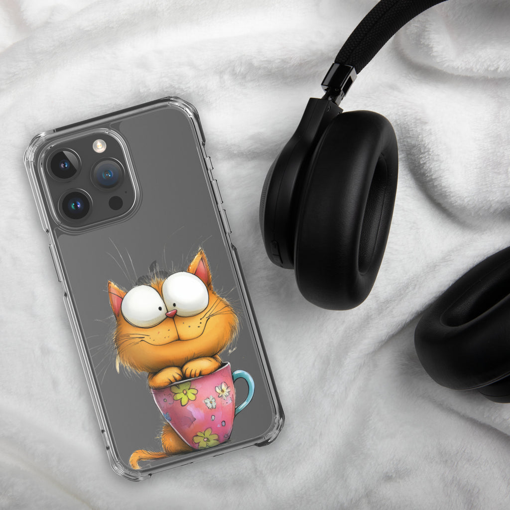 Goofy Cat in Cup Clear Case for iPhone 15 Pro Max - Funny Cartoon Kitty Protective Cover