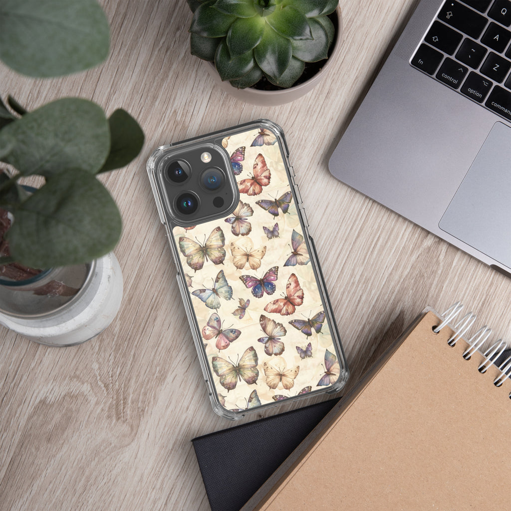 Butterfly Garden Clear Case for iPhone 15 Pro Max - Elegant Pastel Butterfly Protective Cover