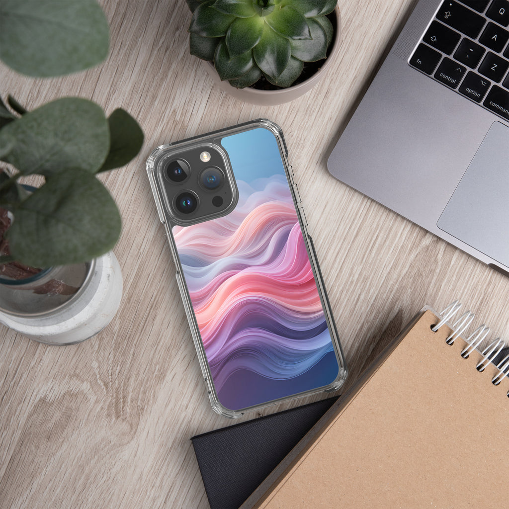 Velvet Currents Dream Clear Case for iPhone 15 Pro Max - Abstract Pink & Blue Waves Protective Cover
