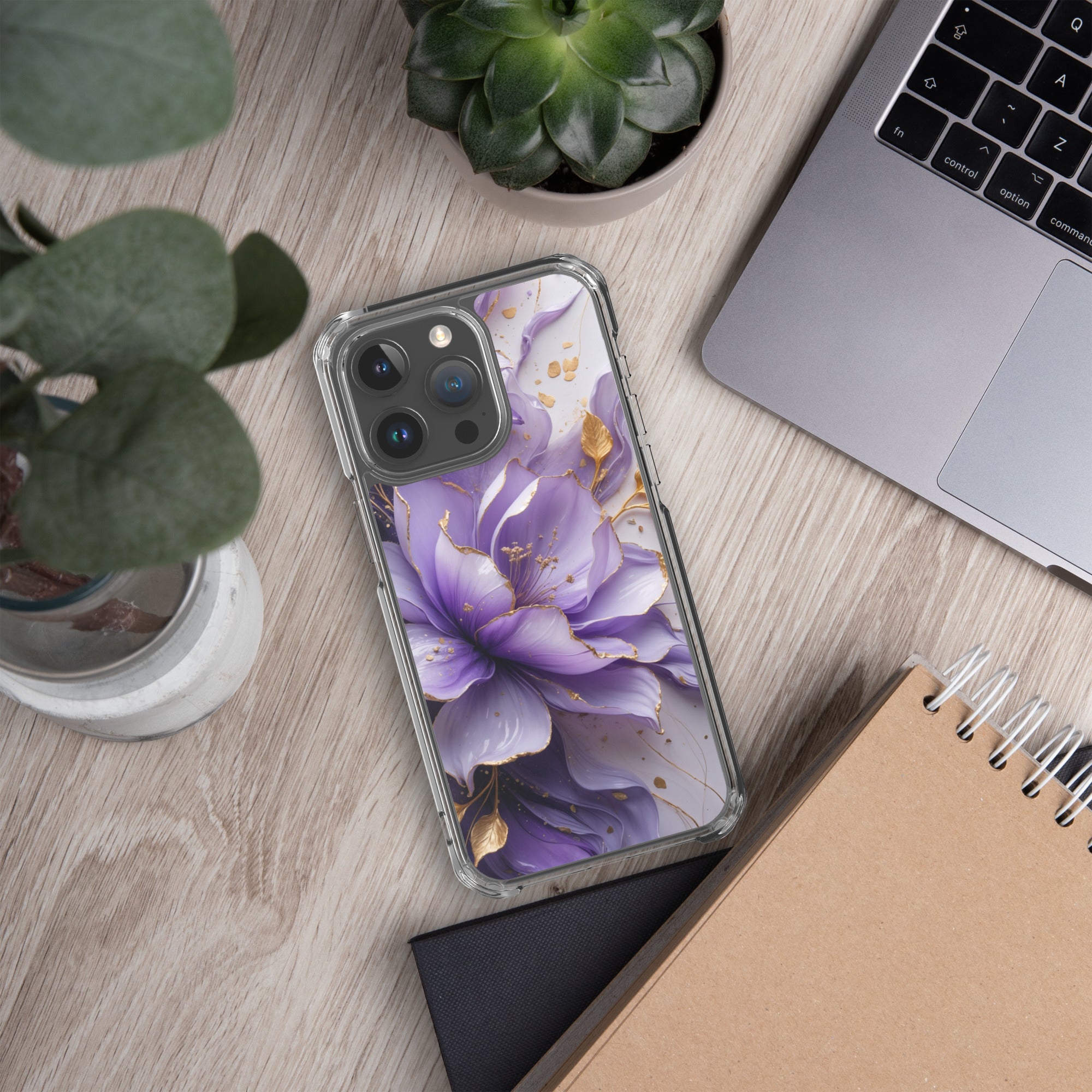 Royal Violet Bloom Clear Case for iPhone 15 Pro Max - Luxury Purple & Gold Floral Protective Cover