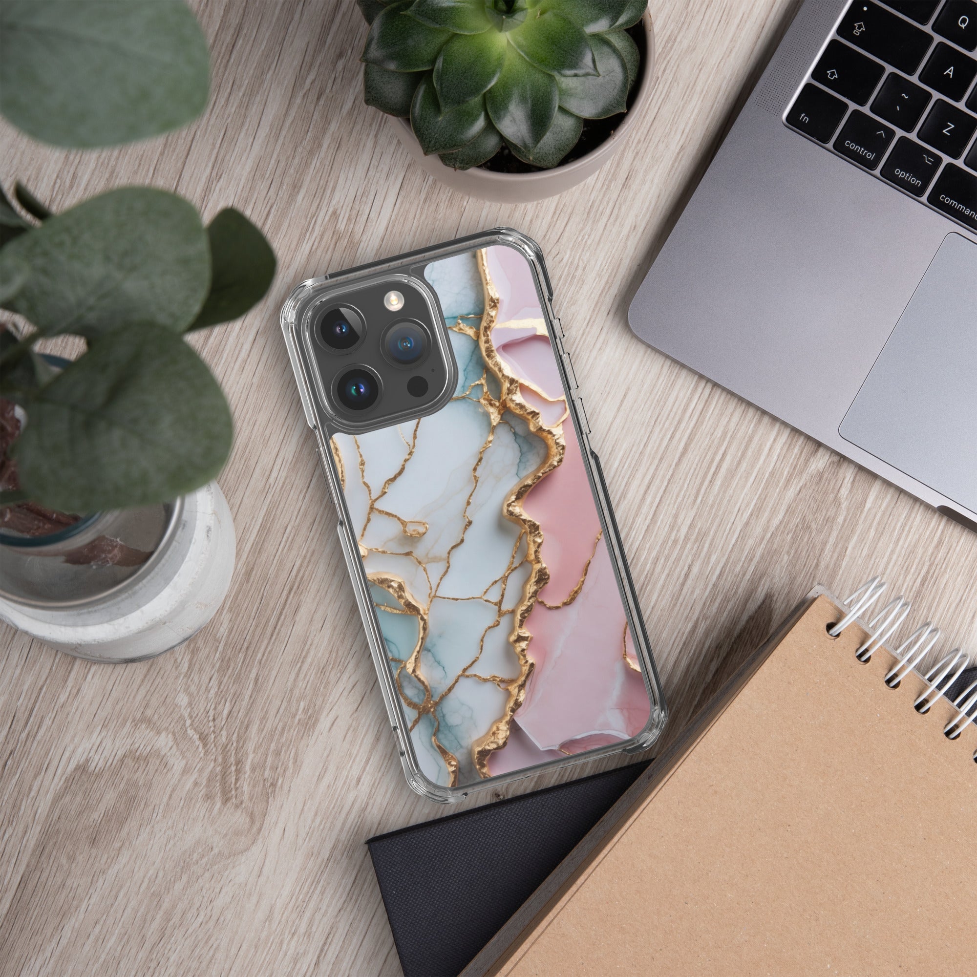 Pastel Golden Marble Fusion Clear Case for iPhone 15 Pro Max - Luxury Pink & Blue Marble Protective Cover