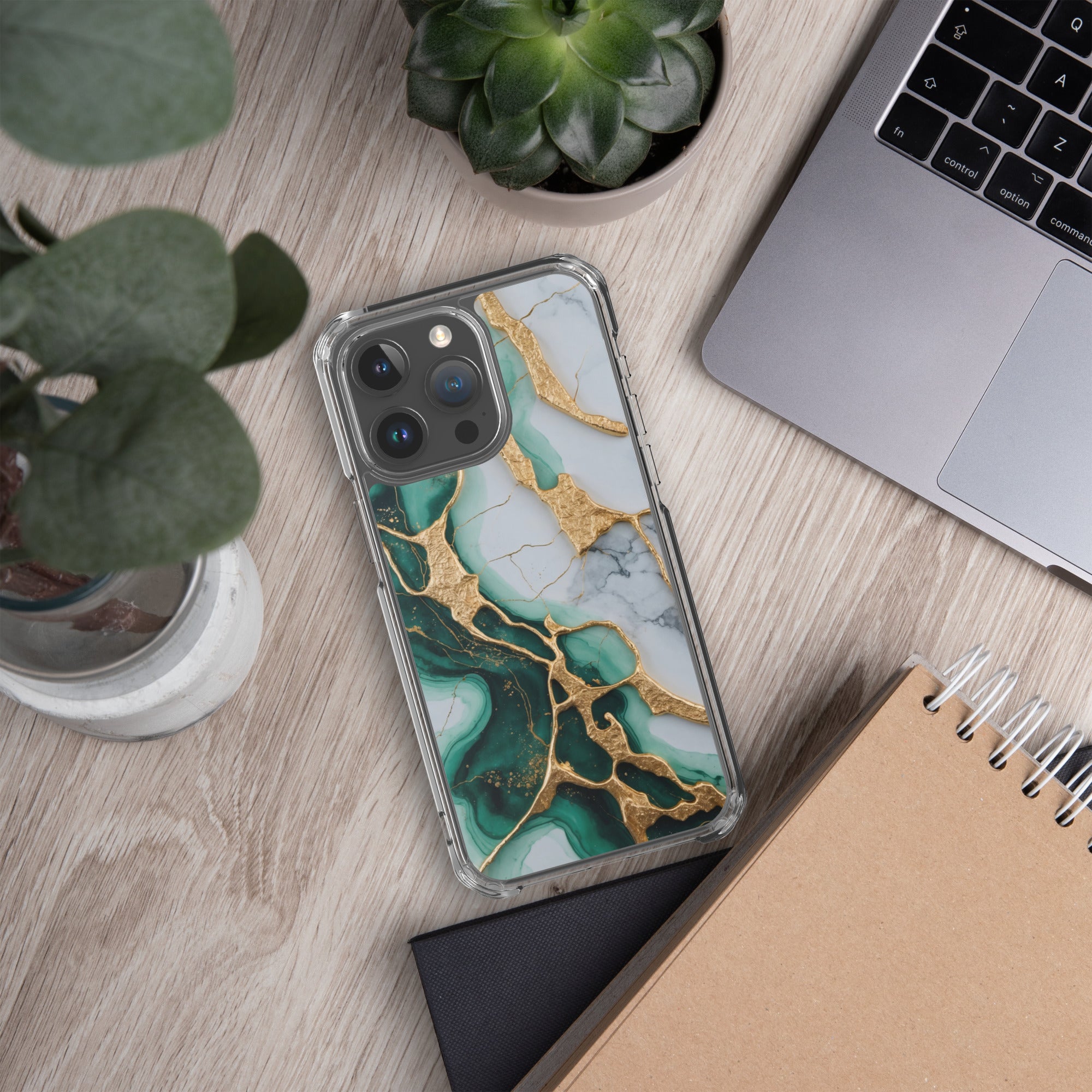 Emerald Golden Marble Flow Clear Case for iPhone 15 Pro Max - Luxury Green & Gold Marble Protective Cover