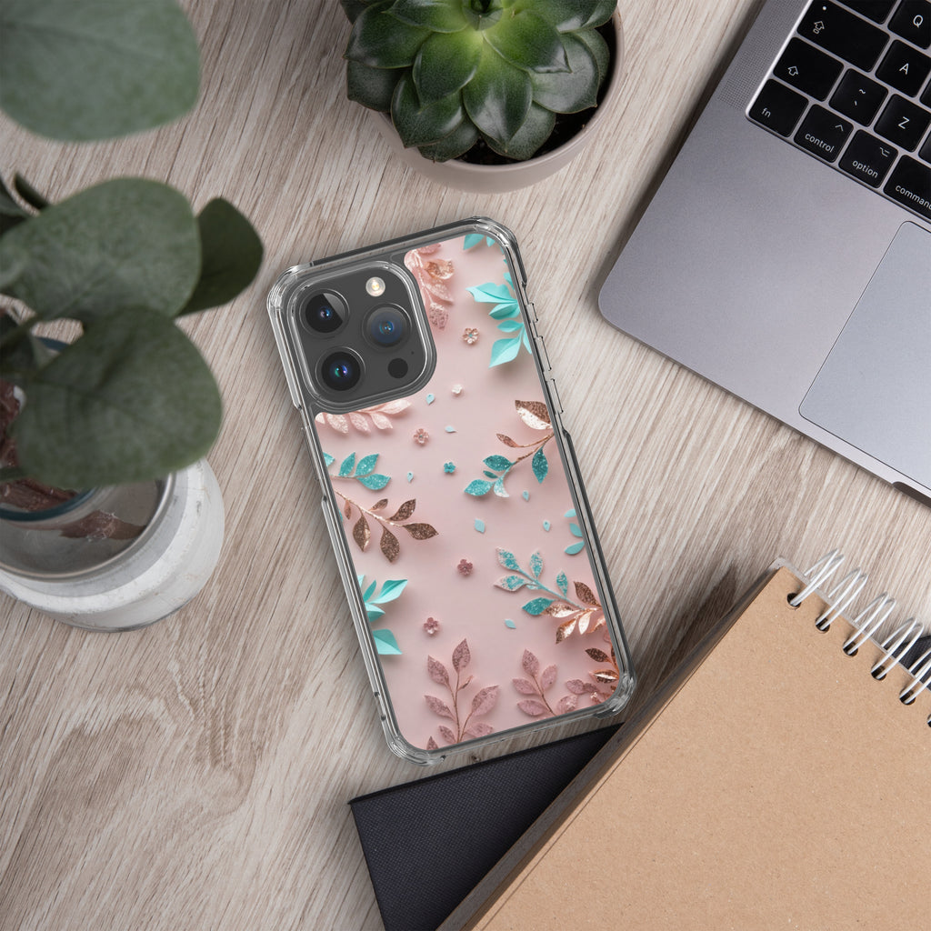 Blush Garden Glam Clear Case for iPhone 15 Pro Max - Pink & Teal Glitter Floral Protective Cover