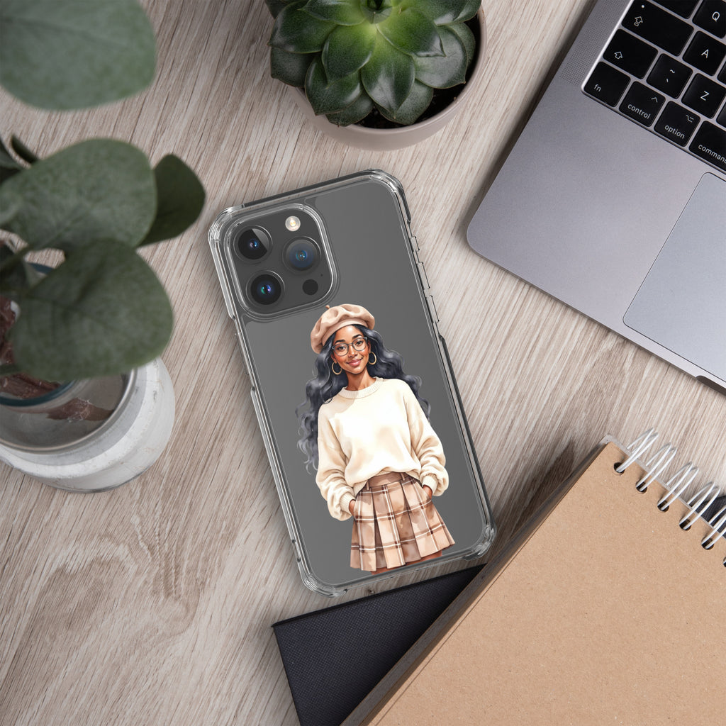 Cozy Plaid Autumn Girl Clear Case for iPhone 15 Pro Max
