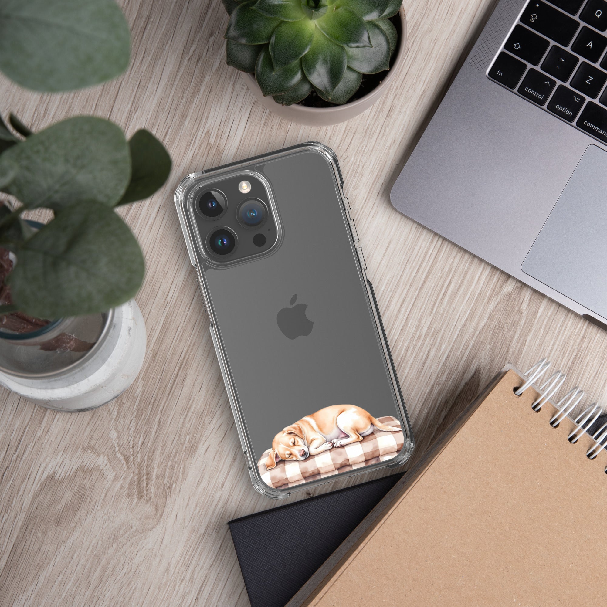 Sleepy Dog on Checkered Blanket Clear Case for iPhone 15 Pro Max - Cute Cozy Puppy Illustration Protective Cover