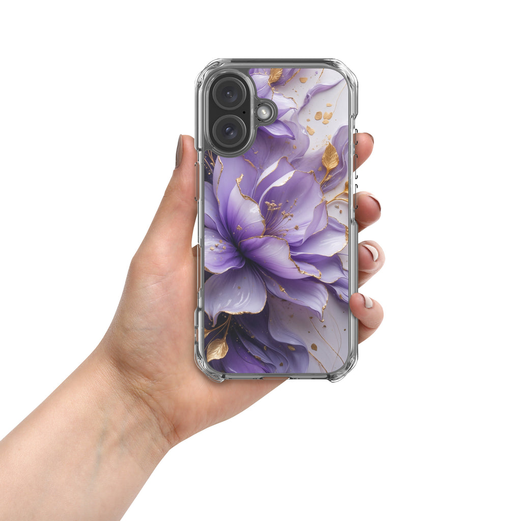 Royal Violet Bloom Clear Case for iPhone 16 - Luxury Purple & Gold Floral Protective Cover