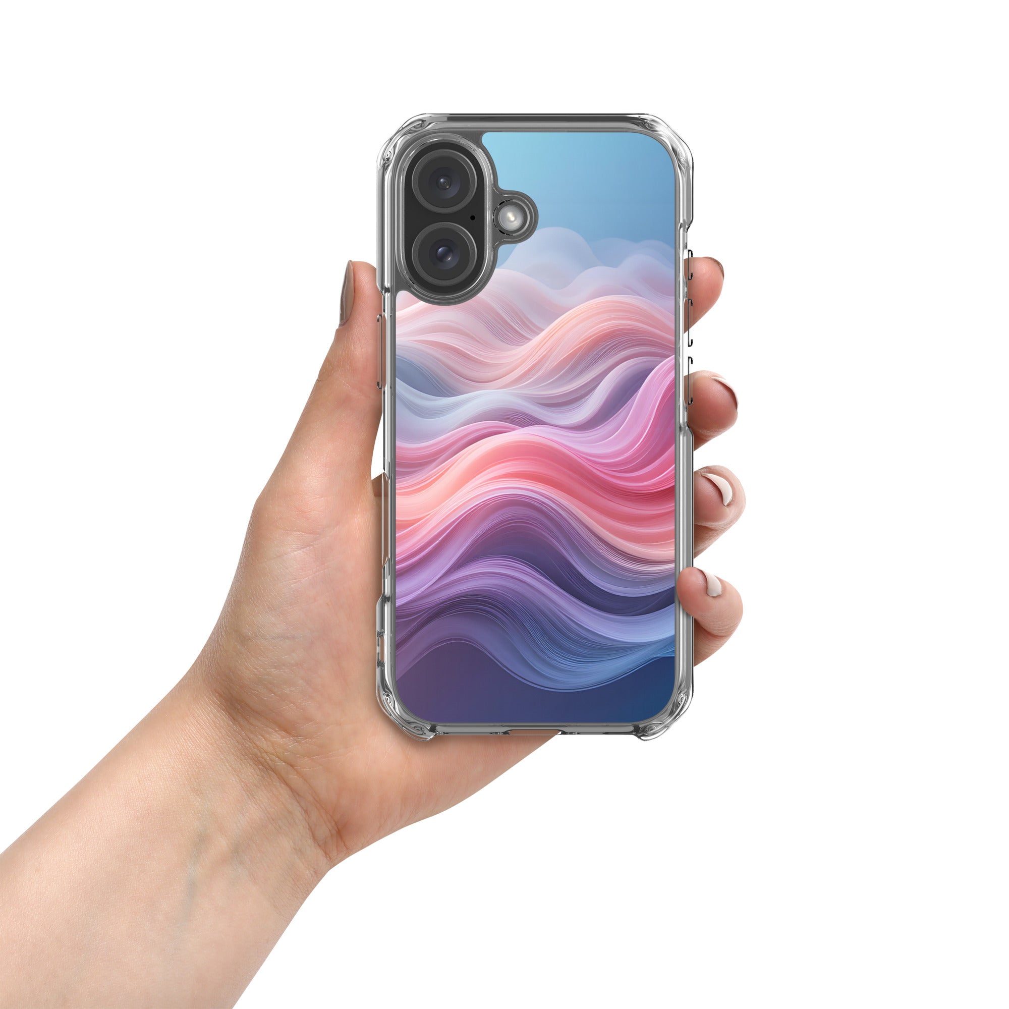 Velvet Currents Dream Clear Case for iPhone 16 - Abstract Pink & Blue Waves Protective Cover