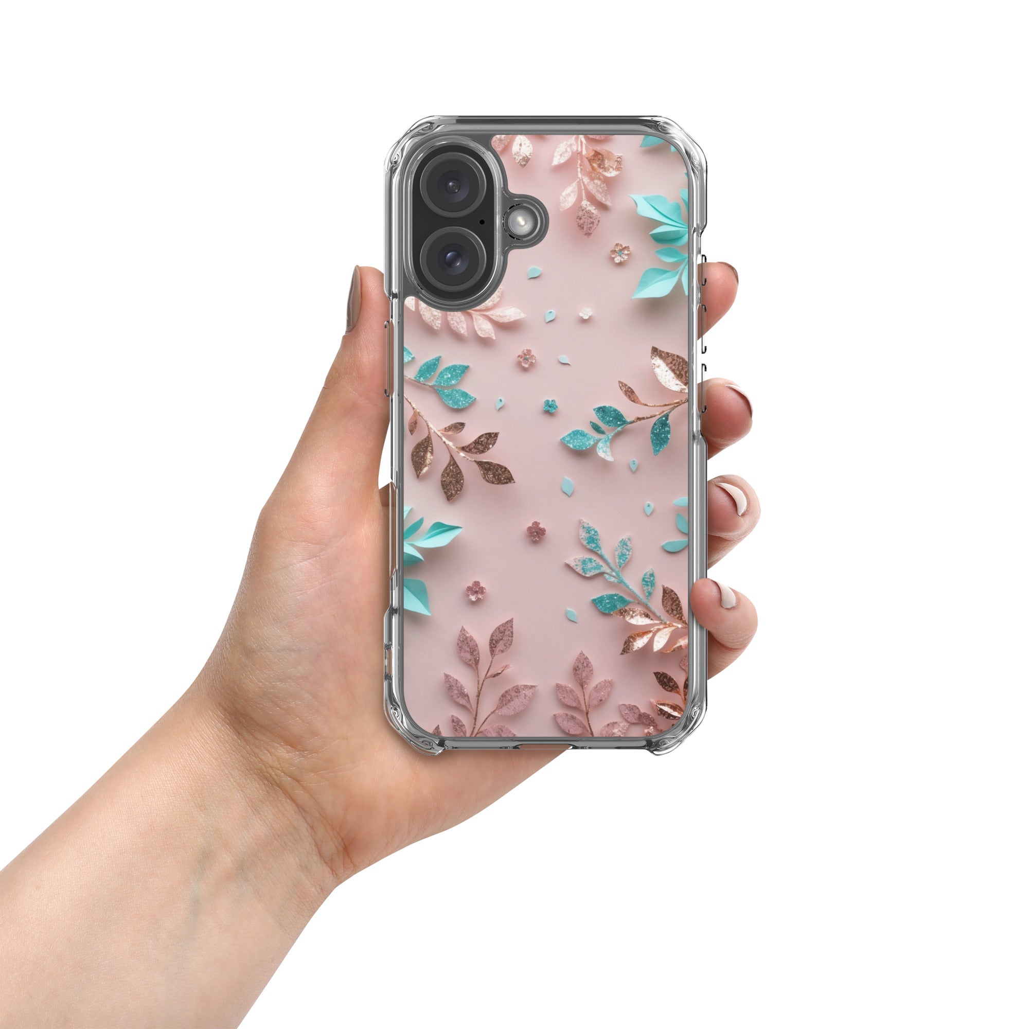 Blush Garden Glam Clear Case for iPhone 16 - Pink & Teal Glitter Floral Protective Cover