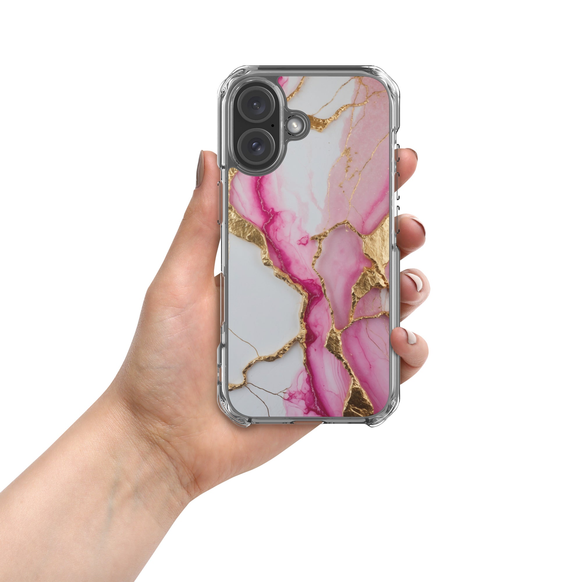 Pink Golden Marble Luxe Clear Case for iPhone 16 - Luxury Pink & Gold Marble Protective Cover