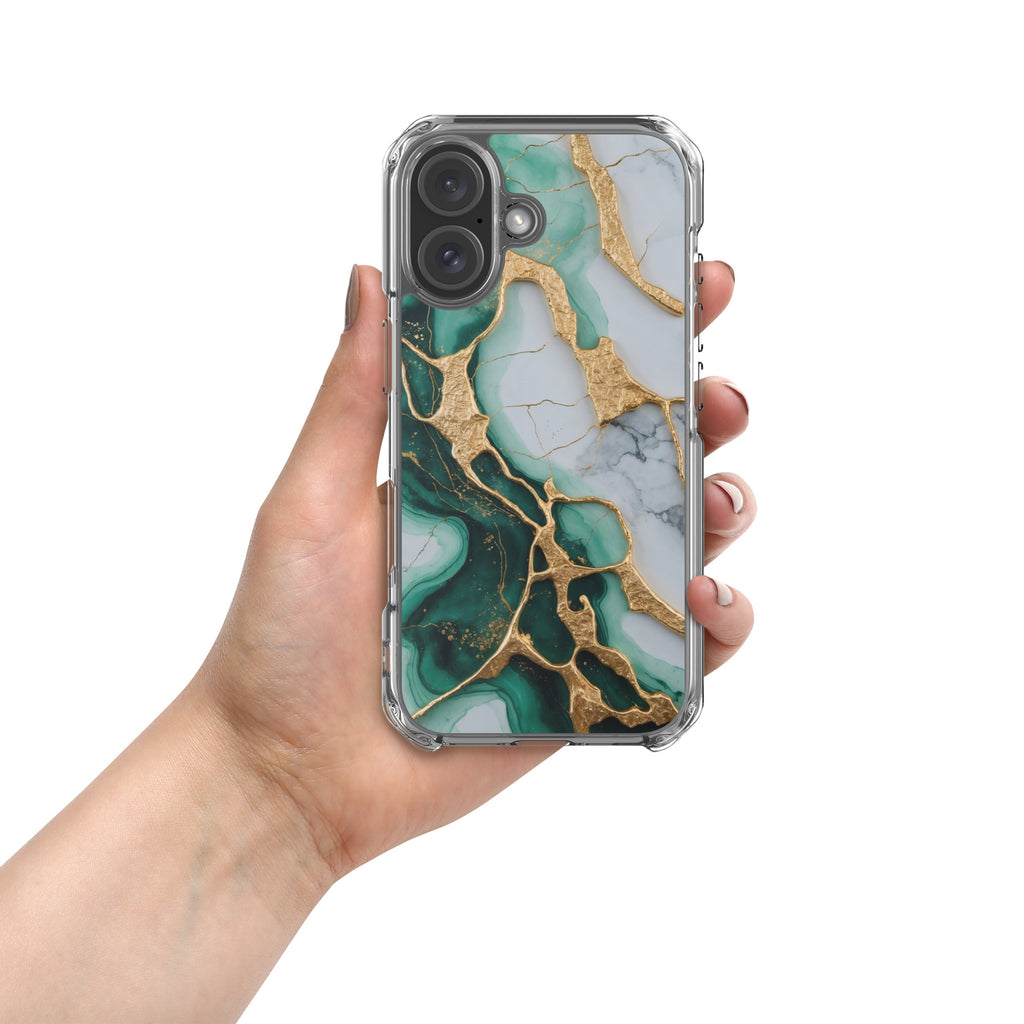 Emerald Golden Marble Flow Clear Case for iPhone 16 - Luxury Green & Gold Marble Protective Cover