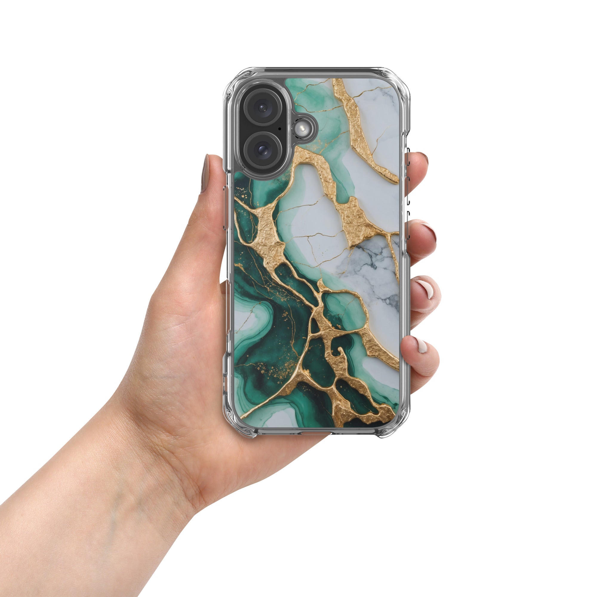 Emerald Golden Marble Flow Clear Case for iPhone 16 - Luxury Green & Gold Marble Protective Cover