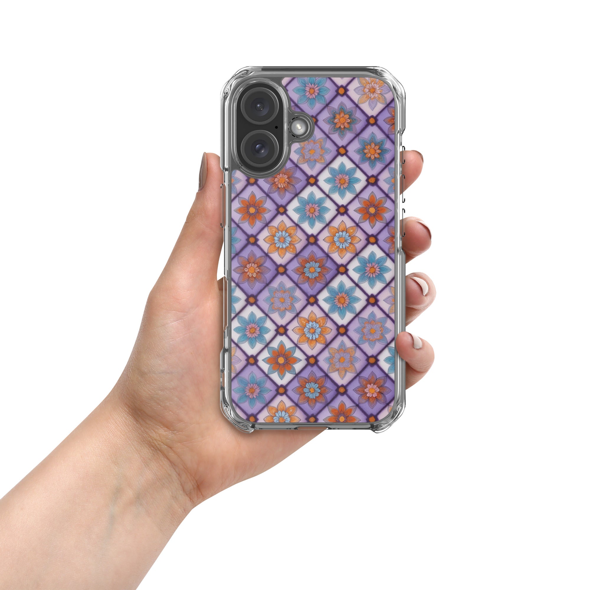 Violet Mosaic Blooms Clear Case for iPhone 16 - Colorful Floral Pattern Protective Cover