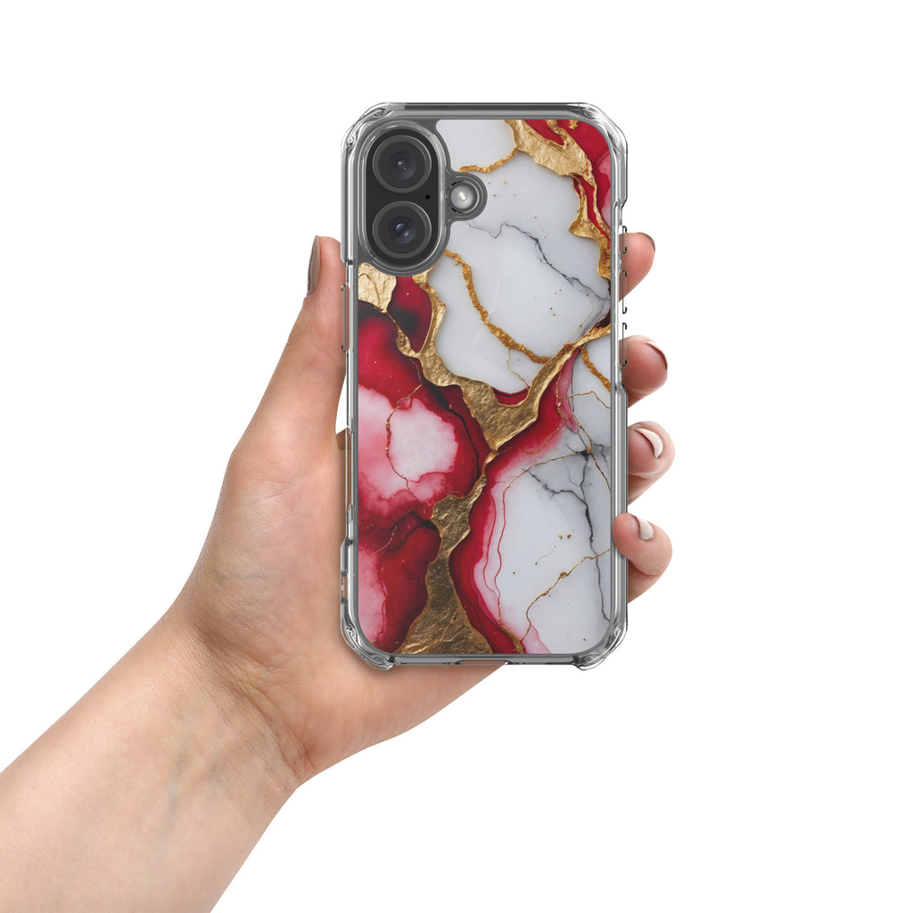 Crimson Golden Marble Luxe Clear Case for iPhone 16 - Luxury Red & Gold Marble Protective Cover