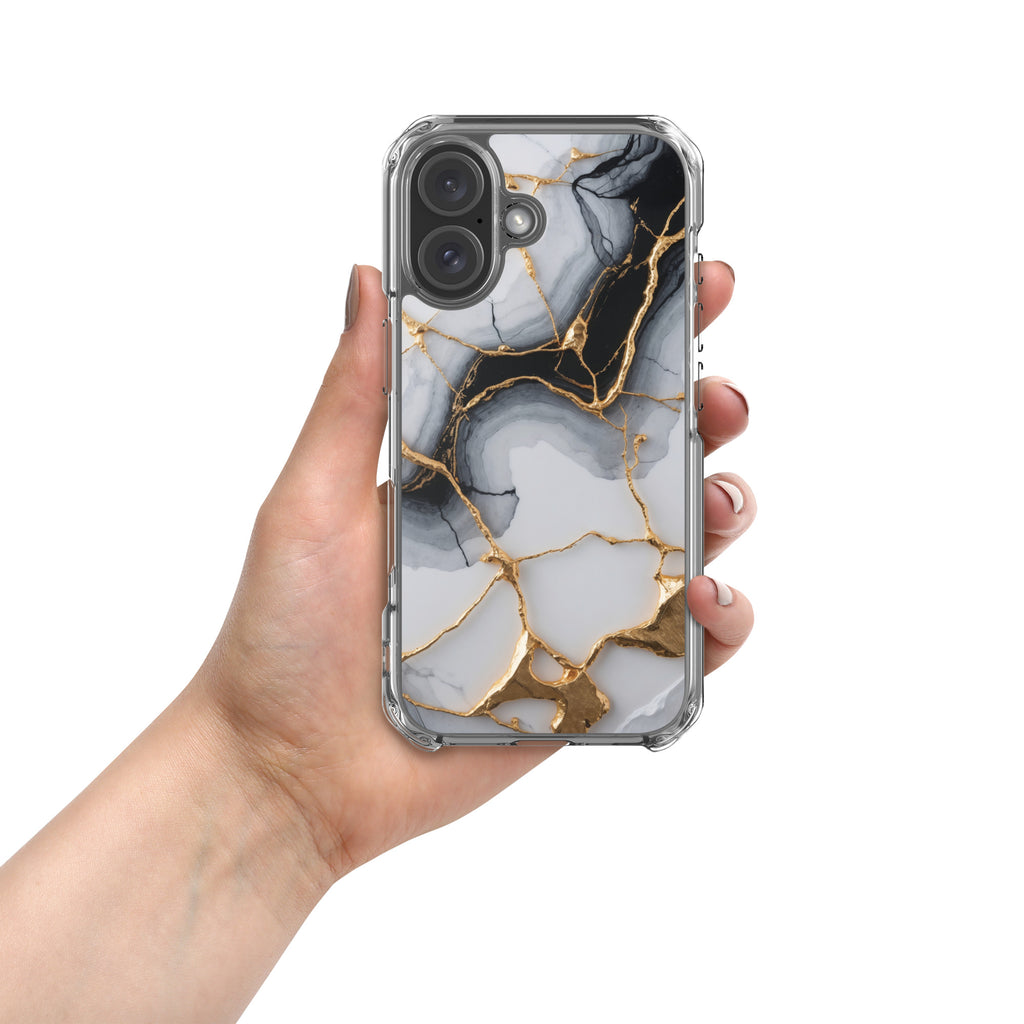 Golden Marble Veins Clear Case for iPhone 16 - Luxury Black & White Marble Protective Cover