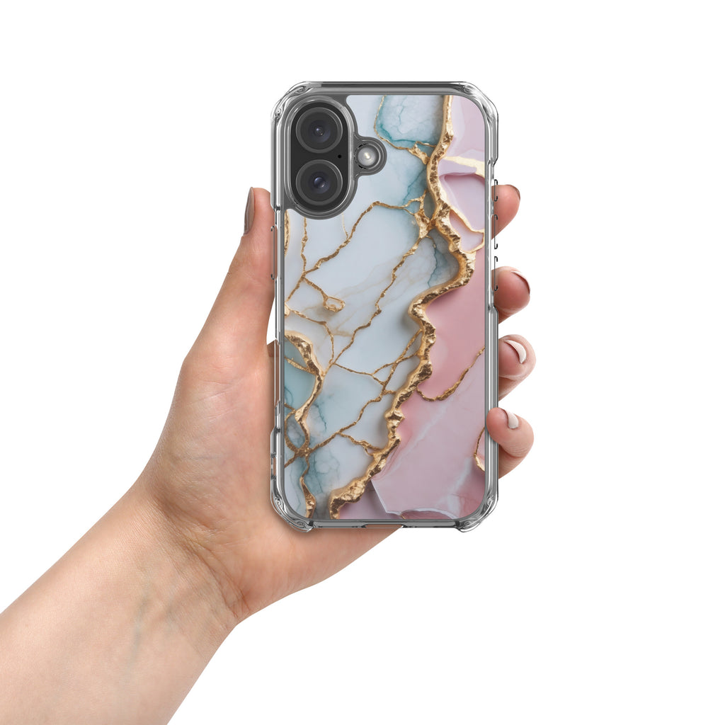 Pastel Golden Marble Fusion Clear Case for iPhone 16 - Luxury Pink & Blue Marble Protective Cover