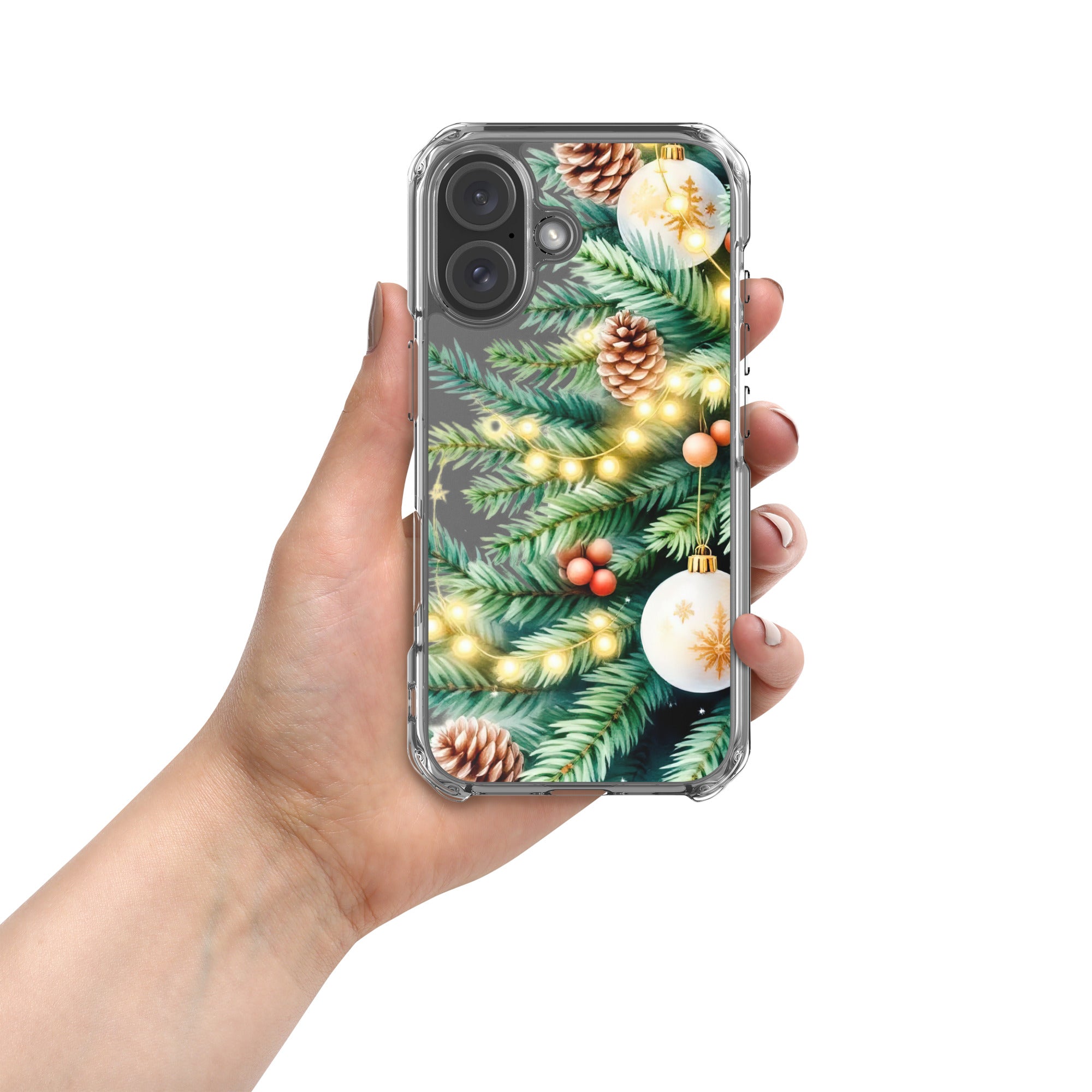 Holiday Pine Glow Clear Case for iPhone 16 - Christmas Pine Branches & Warm Lights Protective Cover
