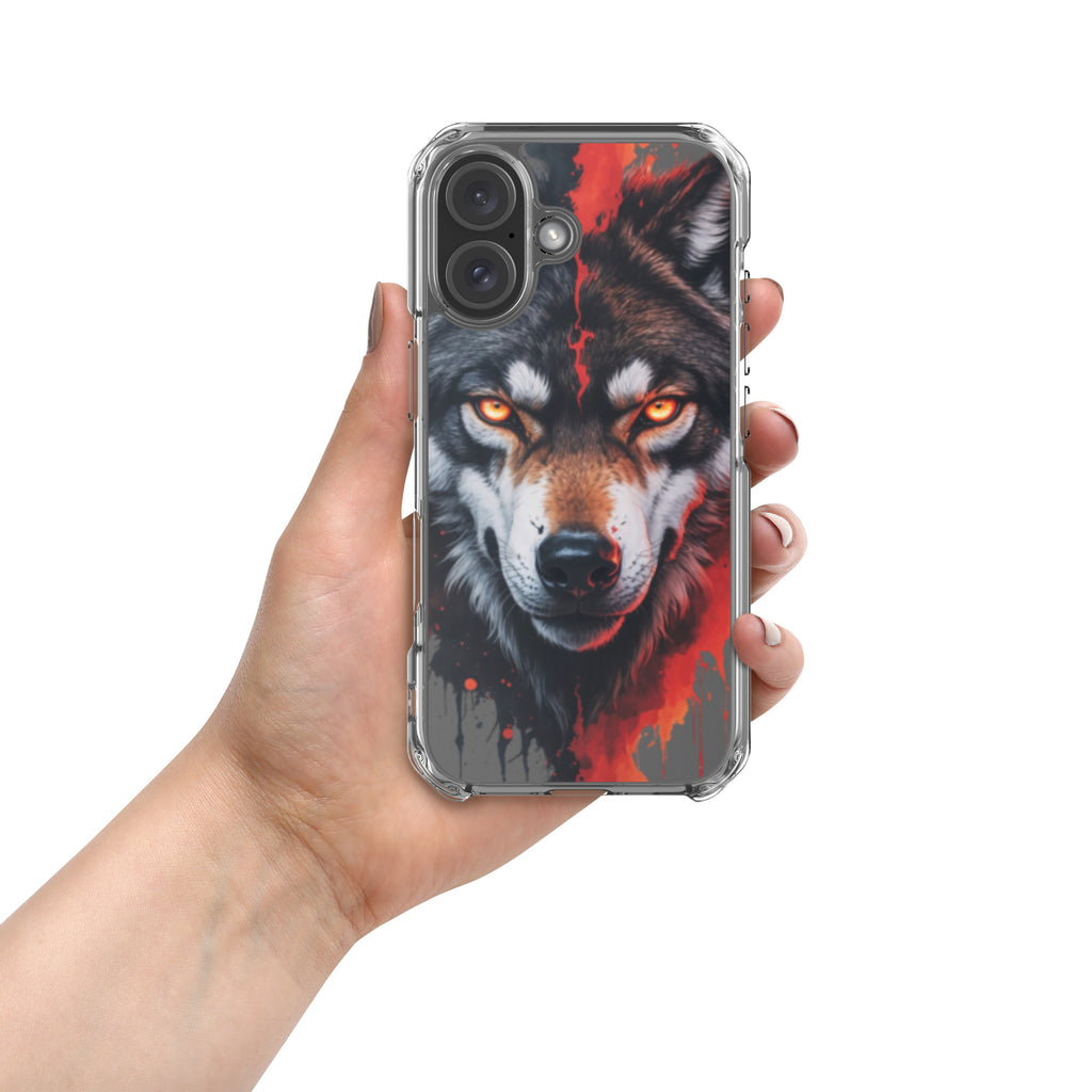 Dual Flame Wolf Clear Case for iPhone 16 - Fierce Wolf Artwork Protective Cover