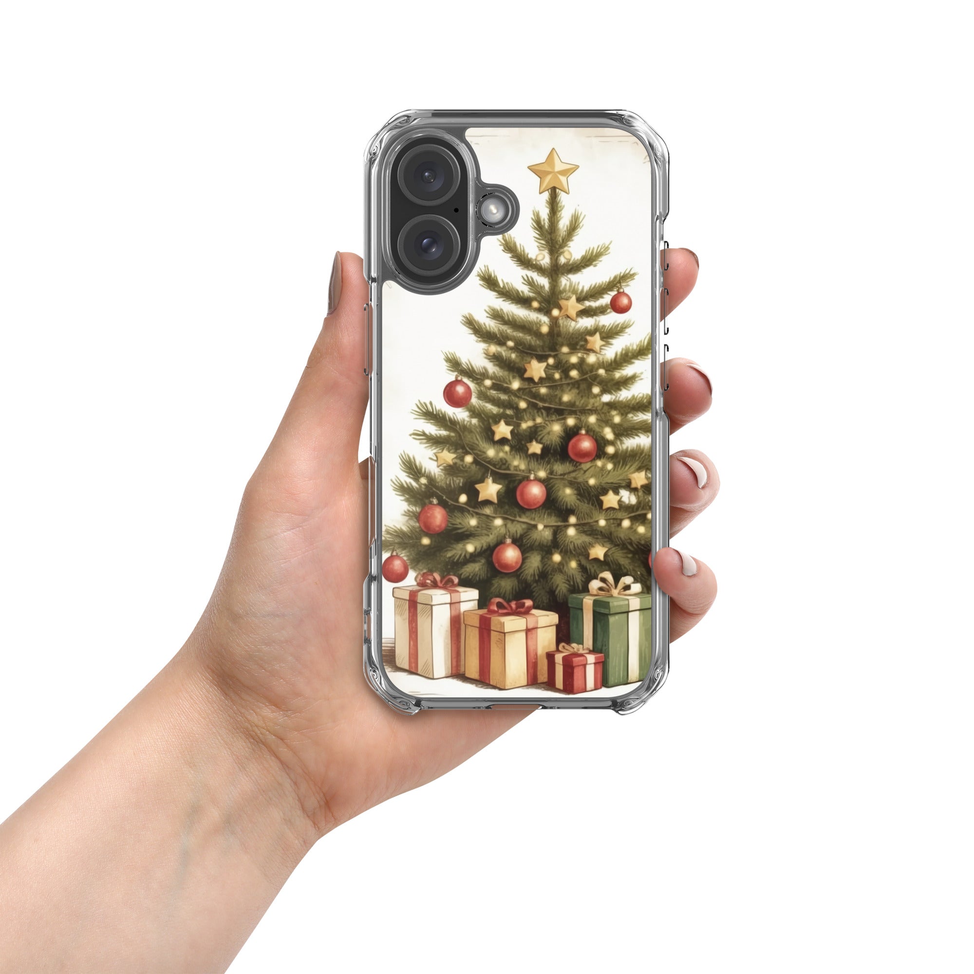 Vintage Christmas Tree Clear Case for iPhone 16 - Festive Holiday Tree & Gifts Protective Cover