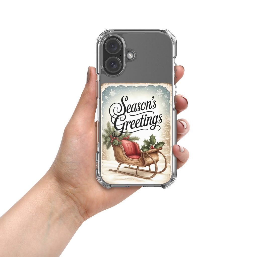 Season’s Greetings Vintage Holiday Clear Case for iPhone 16 - Retro Christmas Sleigh Festive Cover