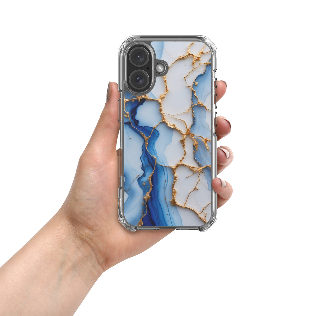 Royal Blue Marble Luxe Clear Case for iPhone 16 - Luxury Blue & Gold Marble Protective Cover