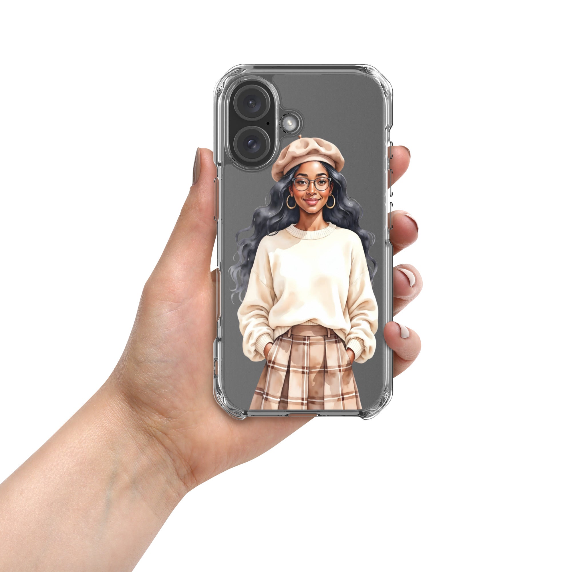 Cozy Plaid Autumn Girl Clear Case for iPhone 16 - Fashion Illustration Protective Cover