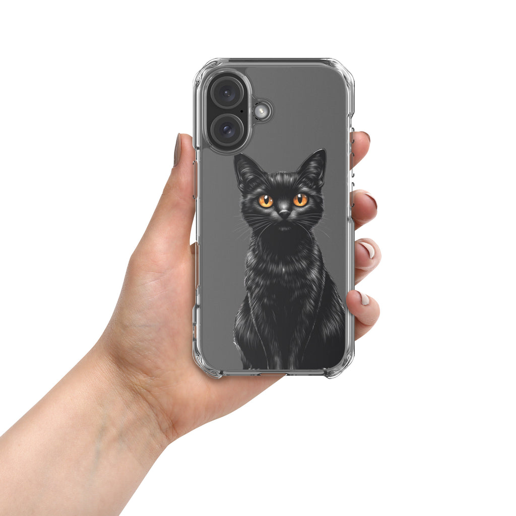 Midnight Black Cat Clear Case for iPhone 16 - Elegant Black Cat Illustration Protective Cover