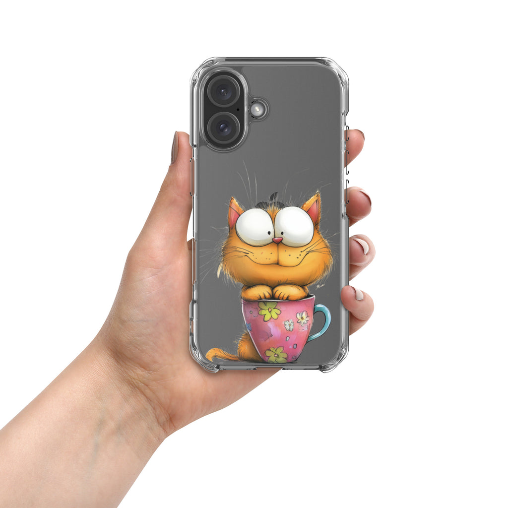 Goofy Cat in Cup Clear Case for iPhone 16 - Funny Cartoon Kitty Protective Cover