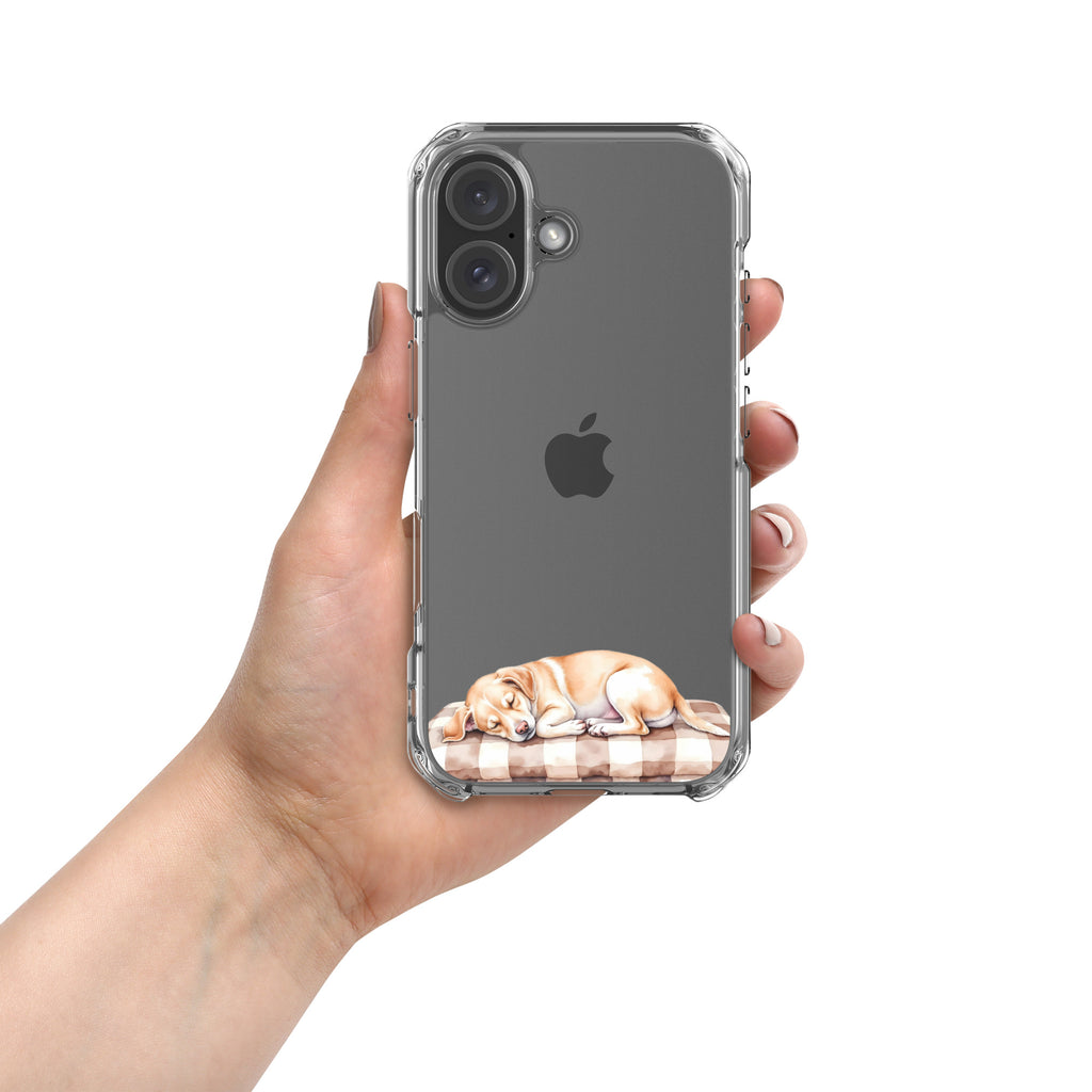 Sleepy Dog on Checkered Blanket Clear Case for iPhone 16 - Cute Cozy Puppy Illustration Protective Cover