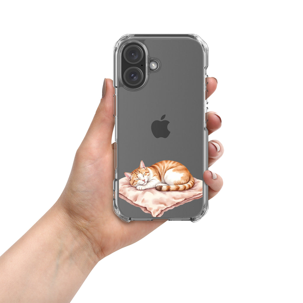 Sleepy Cat on Pillow Clear Case for iPhone 16 - Cute Cozy Kitty Illustration Protective Cover