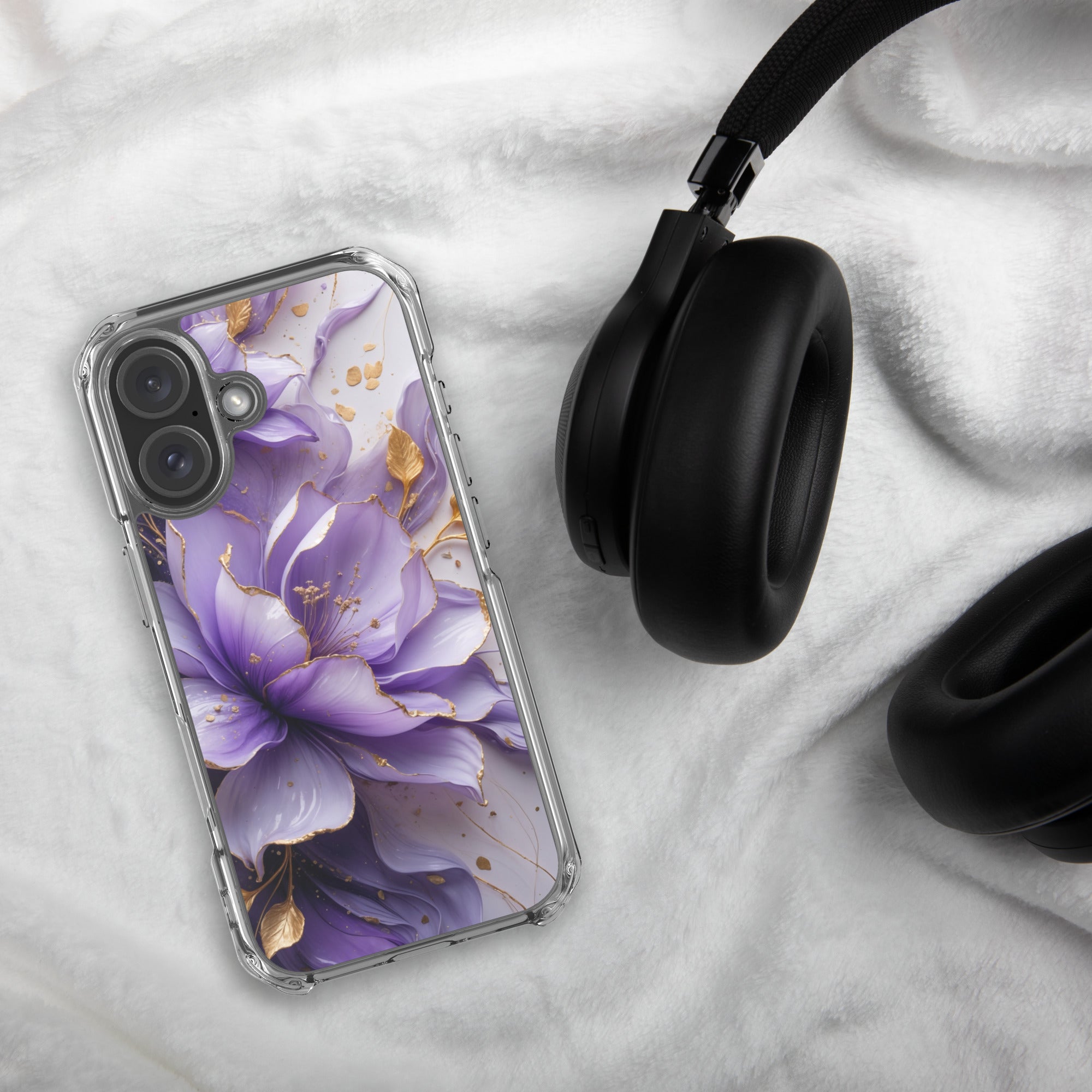 Royal Violet Bloom Clear Case for iPhone 16 - Luxury Purple & Gold Floral Protective Cover