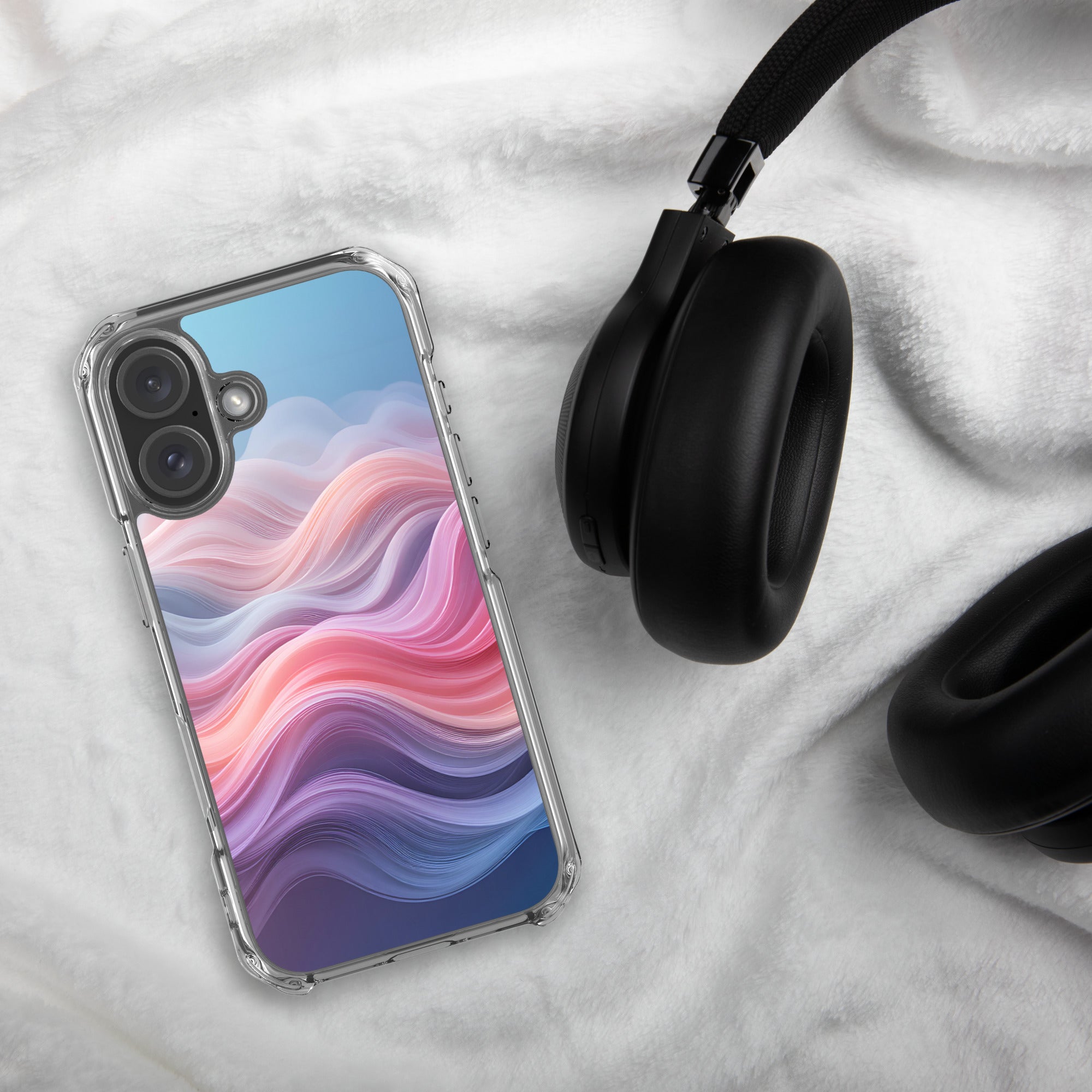 Velvet Currents Dream Clear Case for iPhone 16 - Abstract Pink & Blue Waves Protective Cover