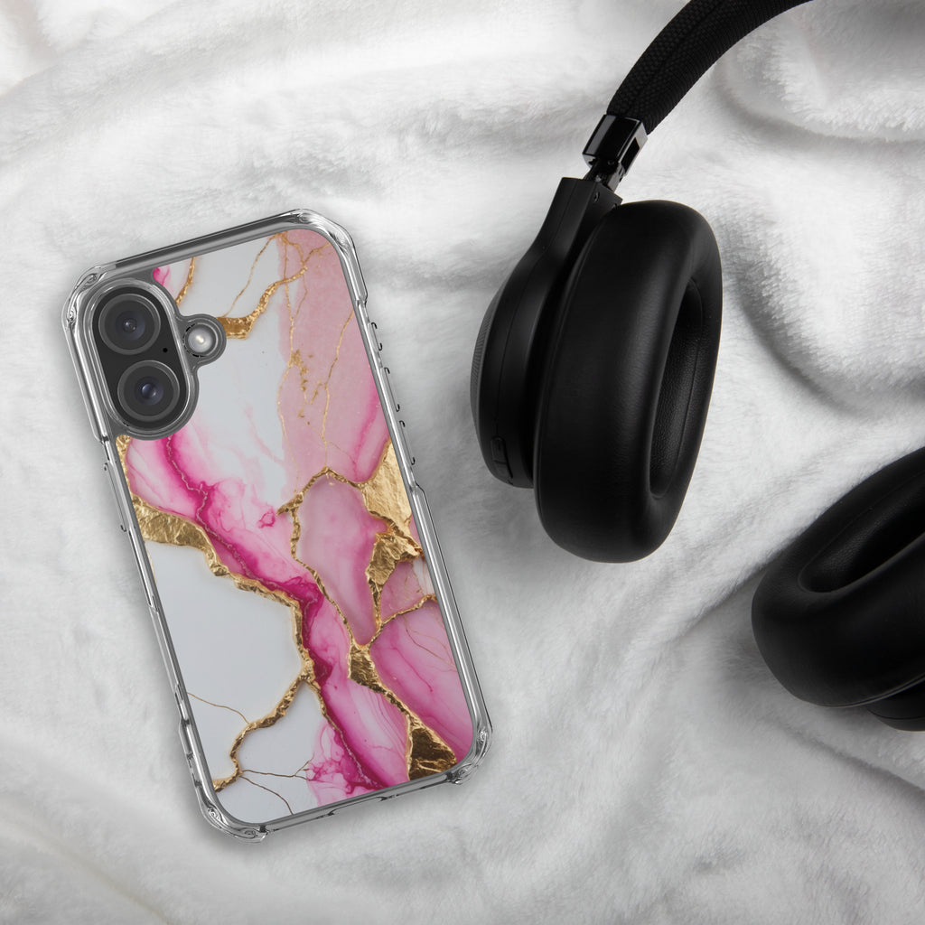 Pink Golden Marble Luxe Clear Case for iPhone 16 - Luxury Pink & Gold Marble Protective Cover