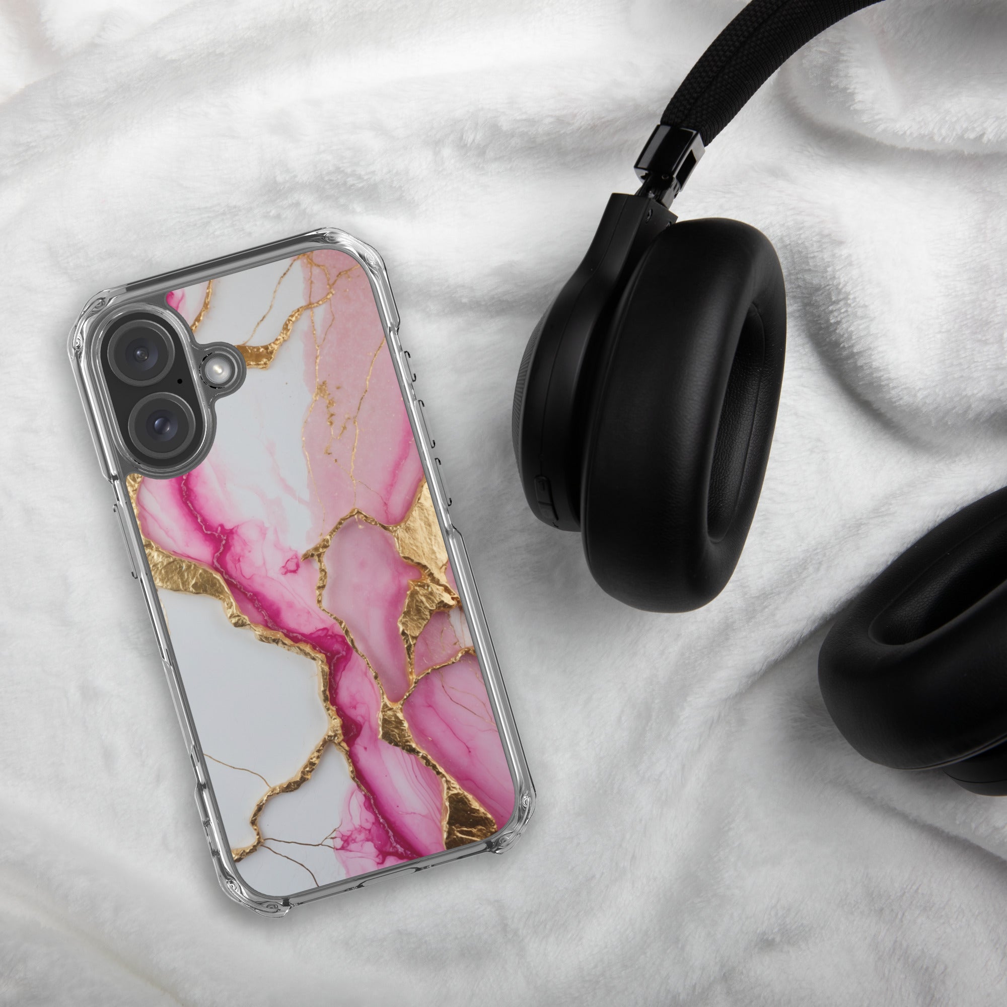 Pink Golden Marble Luxe Clear Case for iPhone 16 - Luxury Pink & Gold Marble Protective Cover