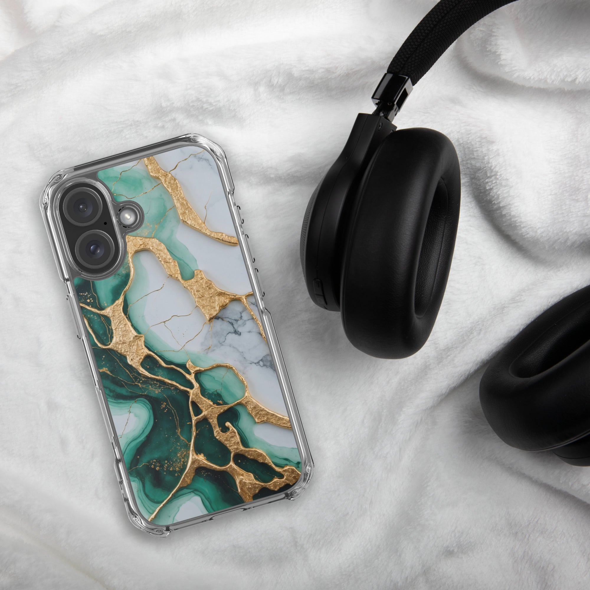 Emerald Golden Marble Flow Clear Case for iPhone 16 - Luxury Green & Gold Marble Protective Cover