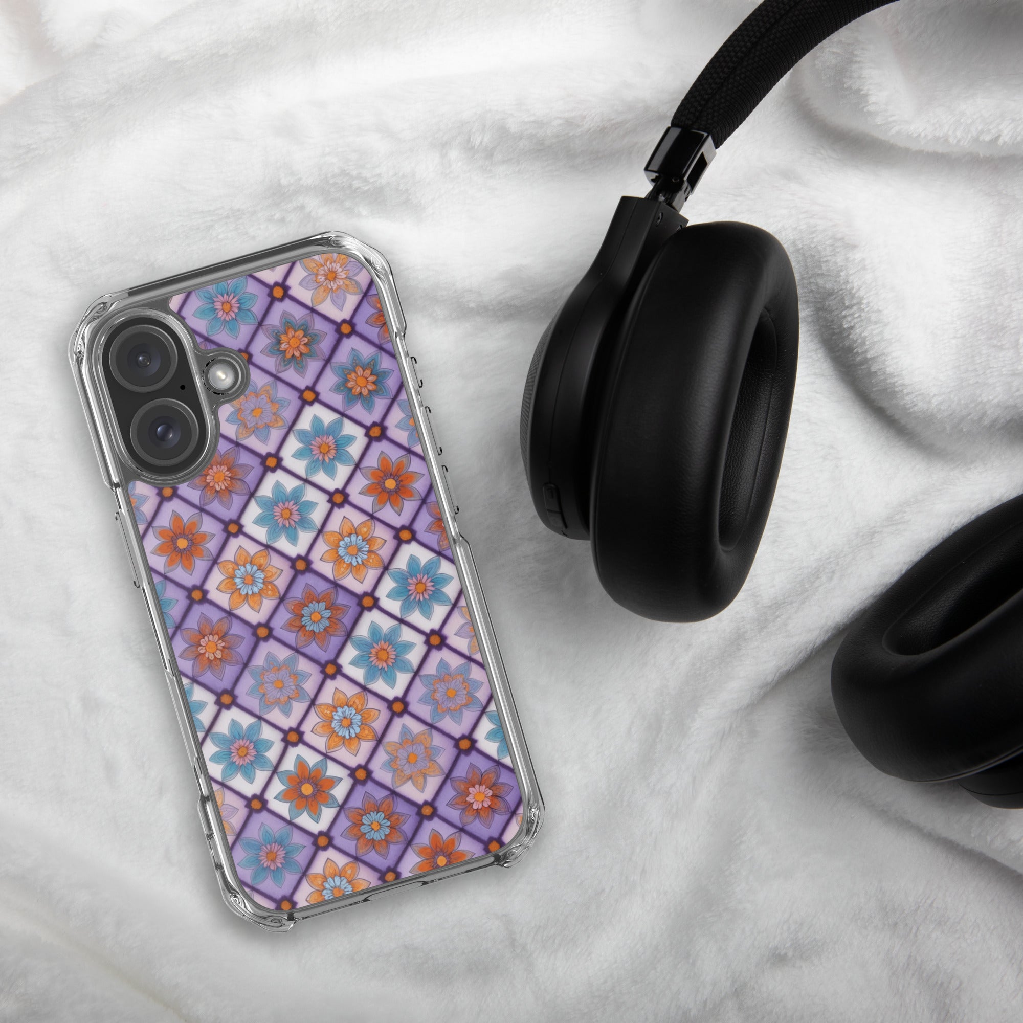Violet Mosaic Blooms Clear Case for iPhone 16 - Colorful Floral Pattern Protective Cover