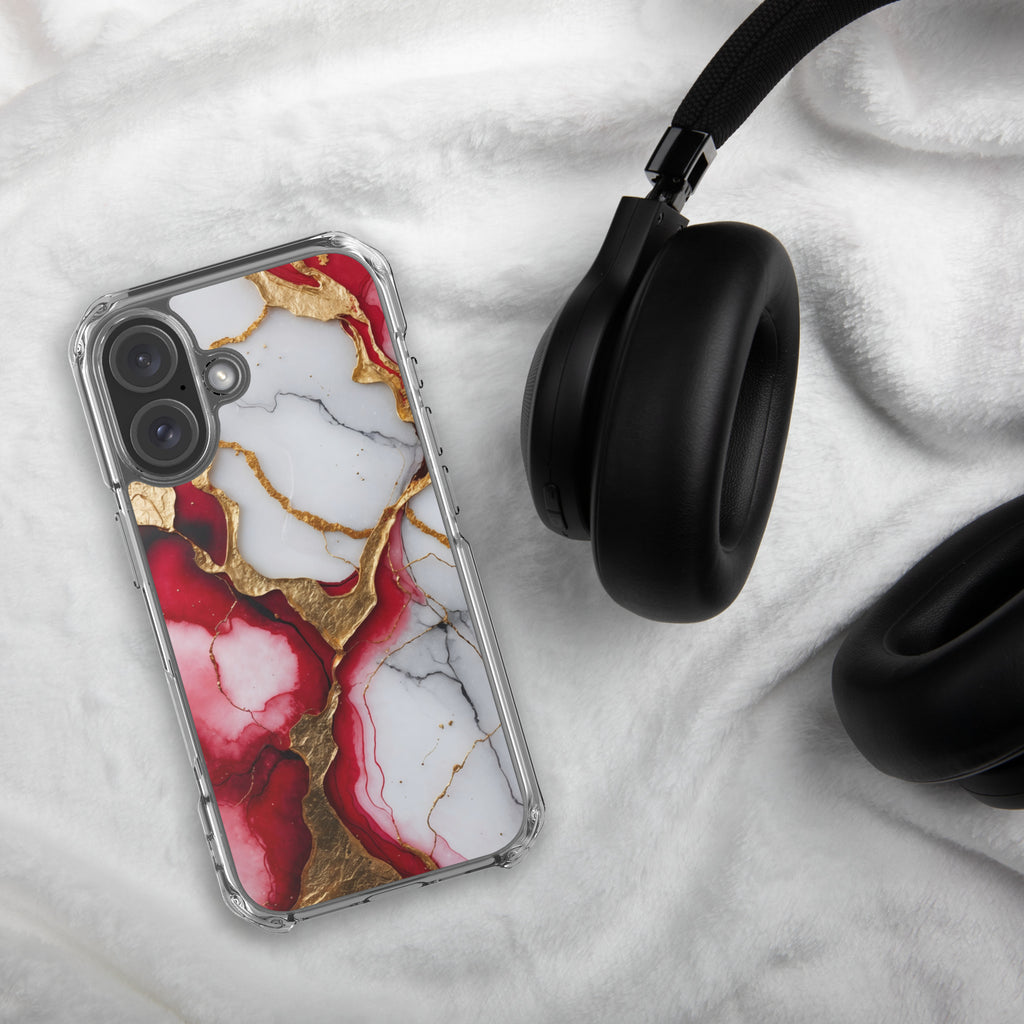 Crimson Golden Marble Luxe Clear Case for iPhone 16 - Luxury Red & Gold Marble Protective Cover