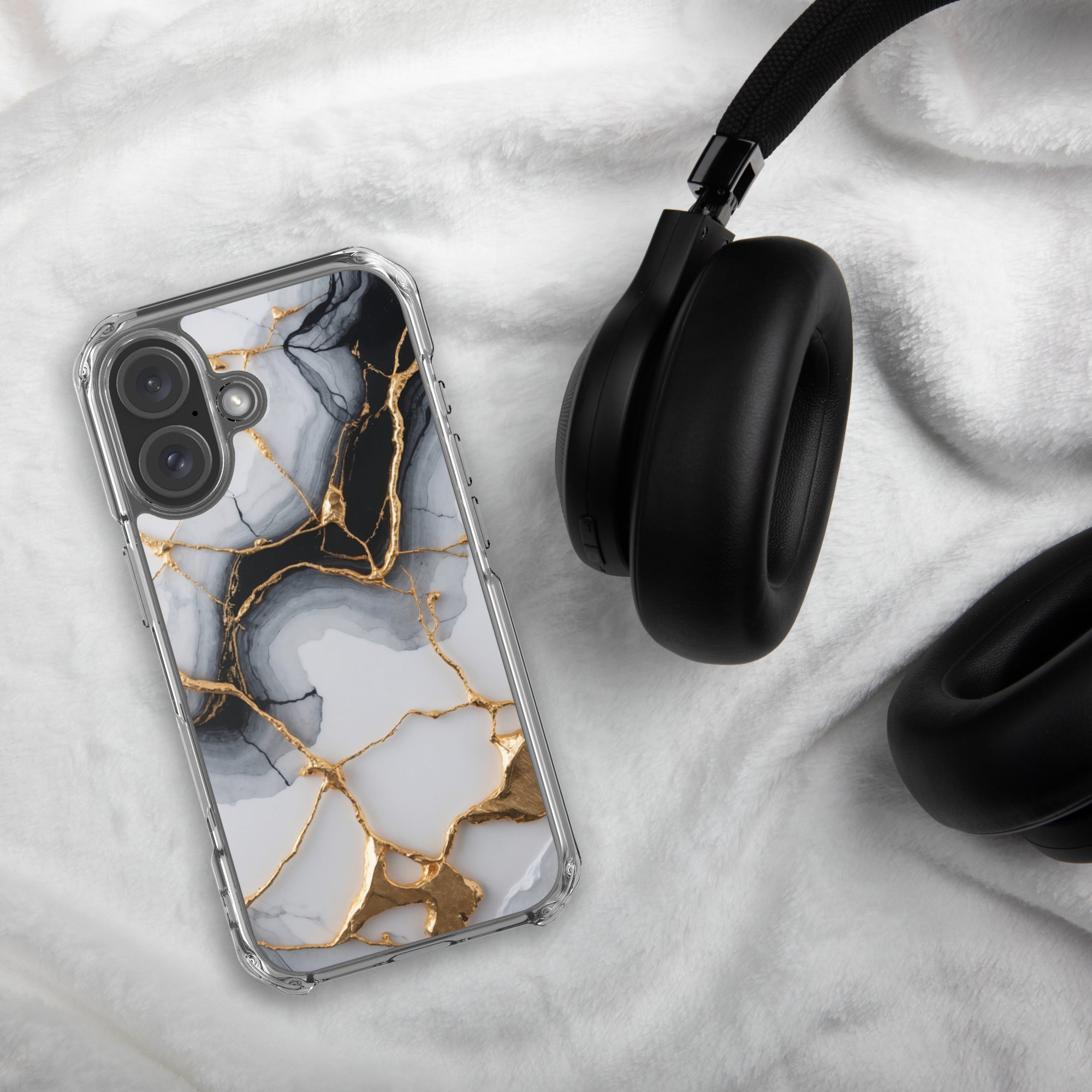 Golden Marble Veins Clear Case for iPhone 16 - Luxury Black & White Marble Protective Cover
