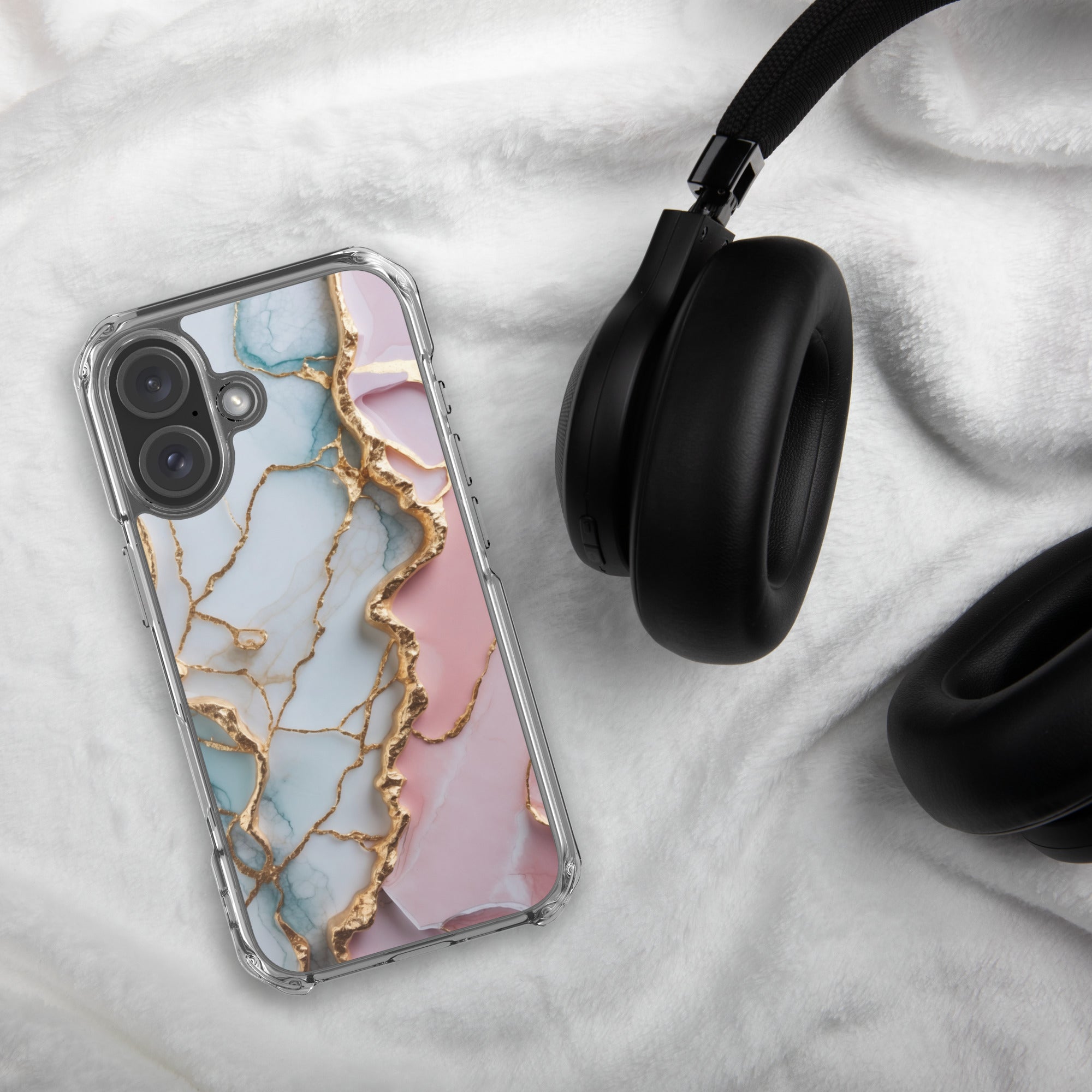 Pastel Golden Marble Fusion Clear Case for iPhone 16 - Luxury Pink & Blue Marble Protective Cover