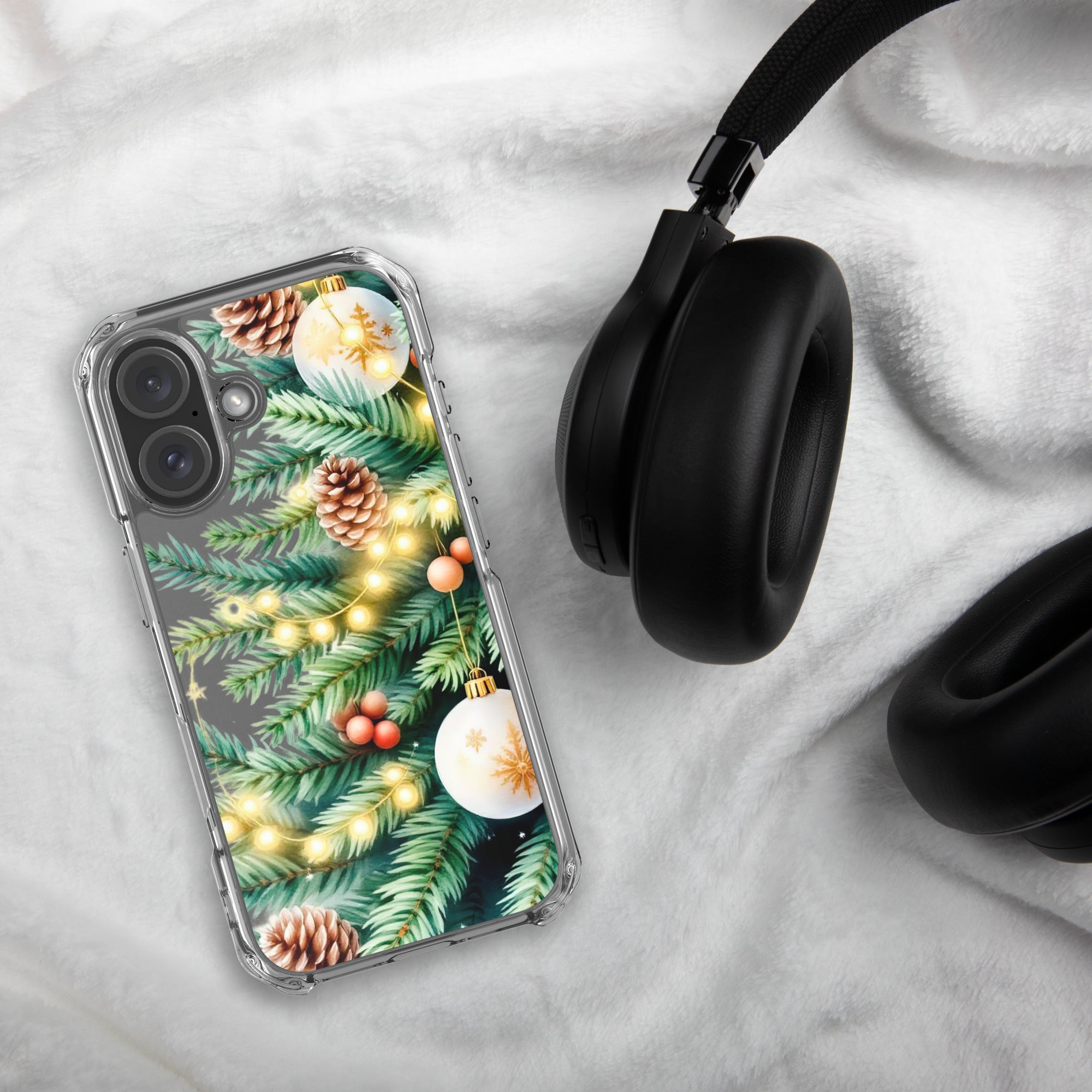 Holiday Pine Glow Clear Case for iPhone 16 - Christmas Pine Branches & Warm Lights Protective Cover