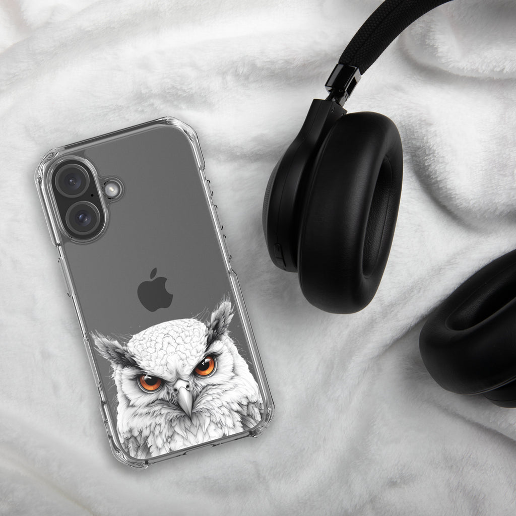 Snowy Owl Glare Clear Case for iPhone 16 - Minimalist White Owl Illustration Protective Cover