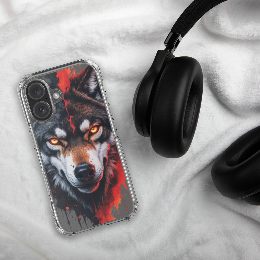 Dual Flame Wolf Clear Case for iPhone 16 - Fierce Wolf Artwork Protective Cover