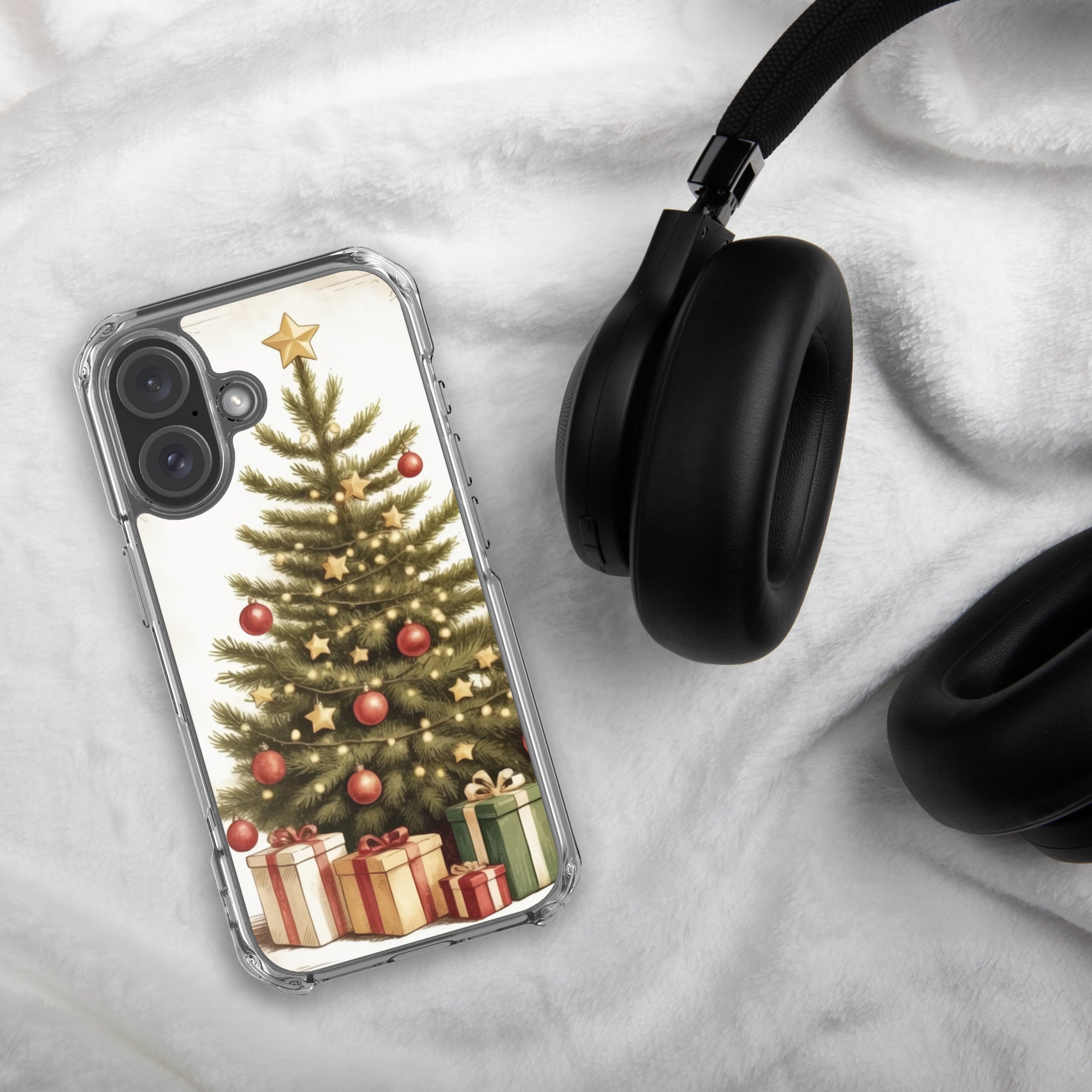 Vintage Christmas Tree Clear Case for iPhone 16 - Festive Holiday Tree & Gifts Protective Cover