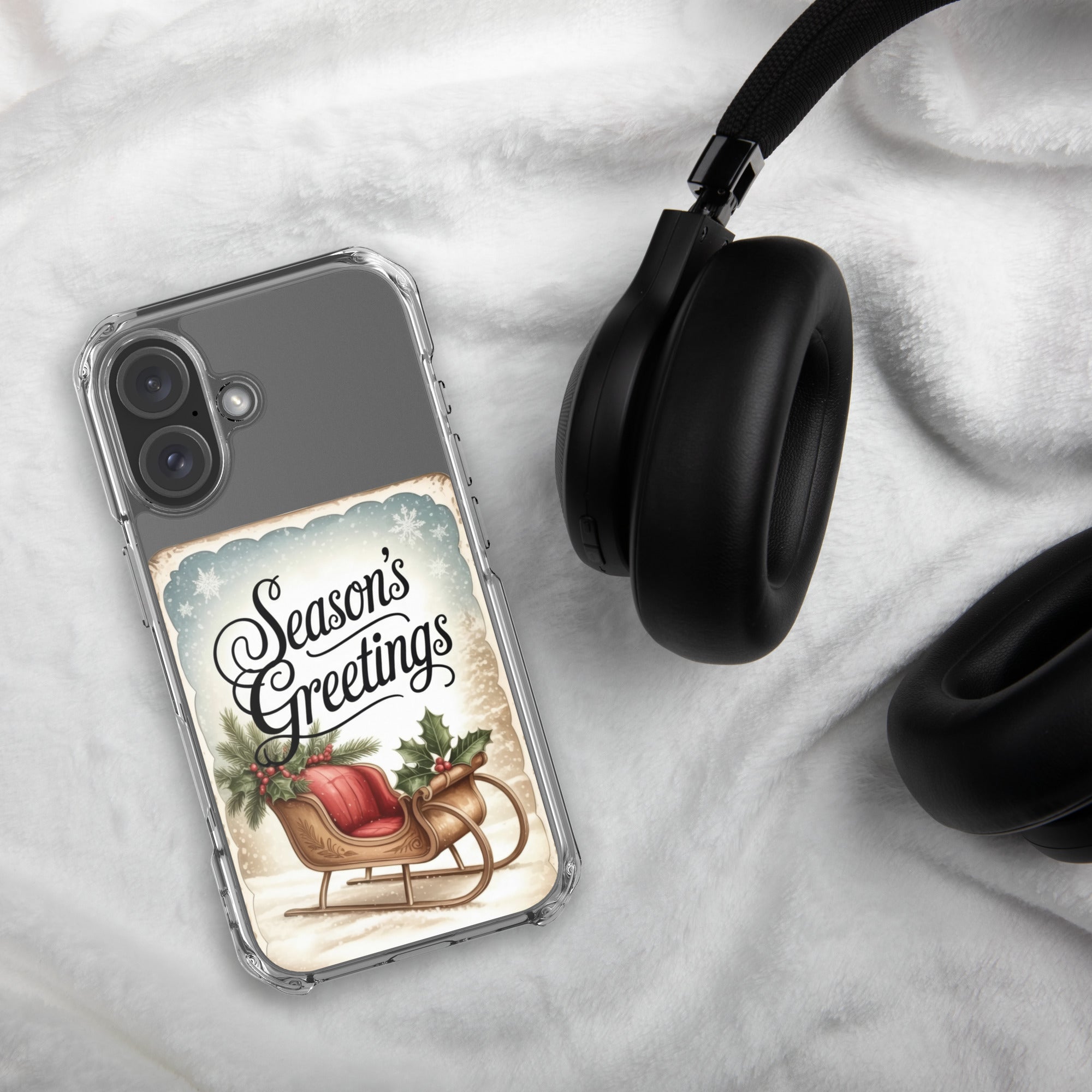 Season’s Greetings Vintage Holiday Clear Case for iPhone 16 - Retro Christmas Sleigh Festive Cover