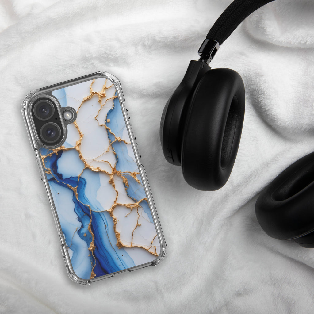 Royal Blue Marble Luxe Clear Case for iPhone 16 - Luxury Blue & Gold Marble Protective Cover